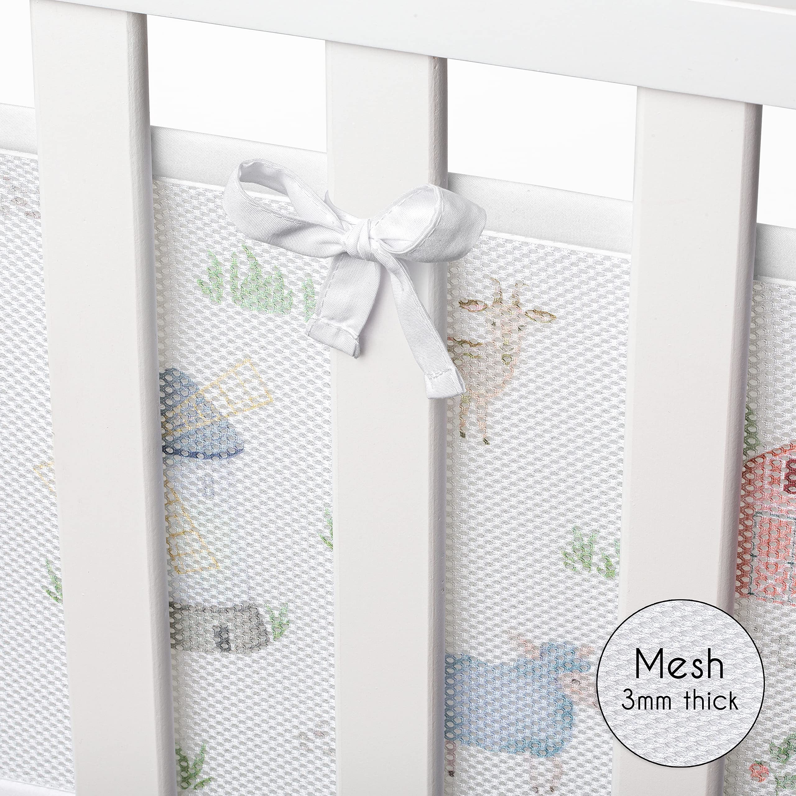Sweet Jojo Designs breathable mesh liner edges secure ties ensure secure installation and steady crib sides.