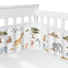 Sweet Jojo Designs breathable mesh crib liner featuring elephants and air-channel tech for airflow.
