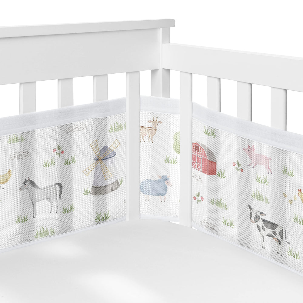 Sweet Jojo Designs breathable mesh crib liner farm animals watercolor creates calming visuals and safer crib space.