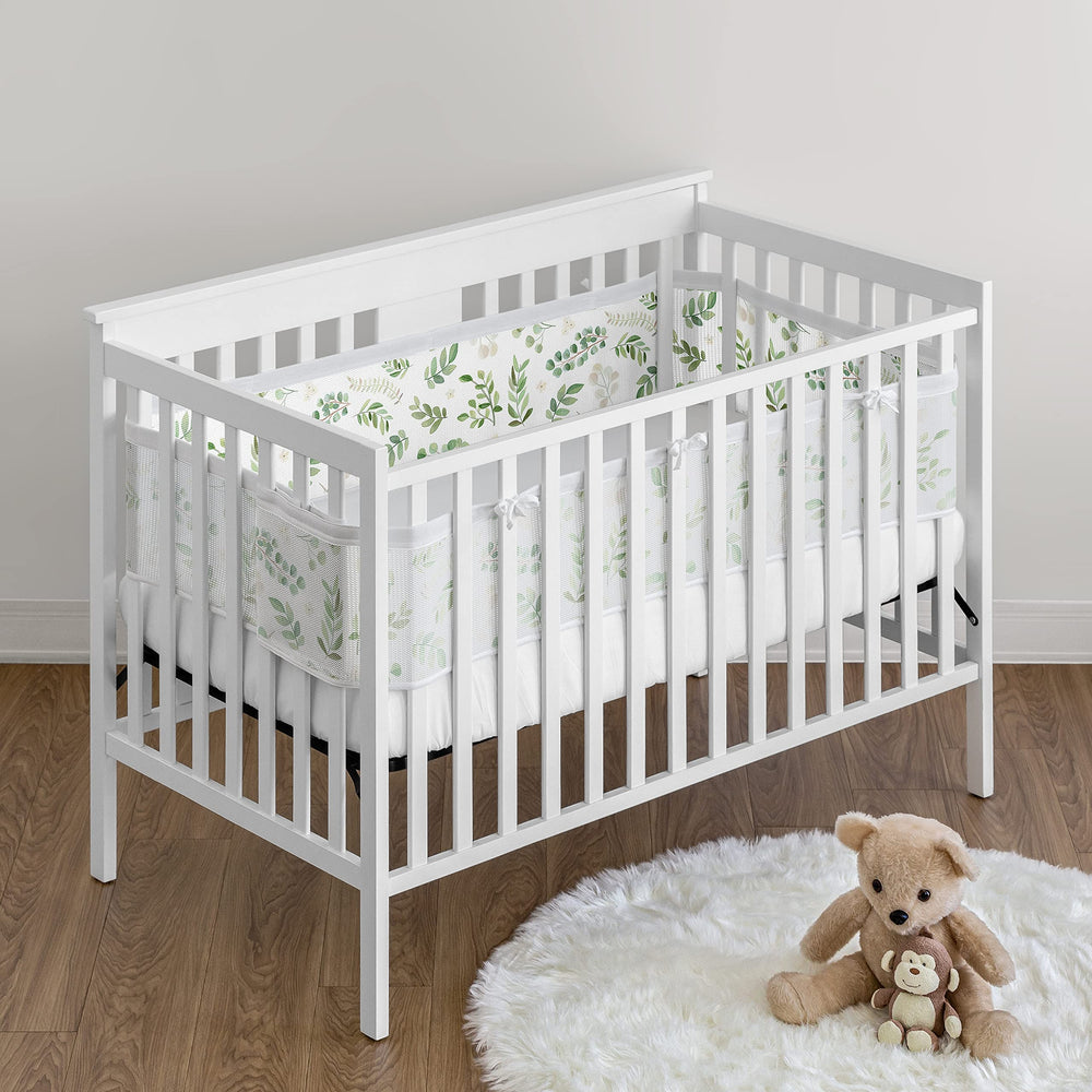 Sweet Jojo Designs breathable mesh liner showcases Boho floral leaves for calm nursery ambiance.