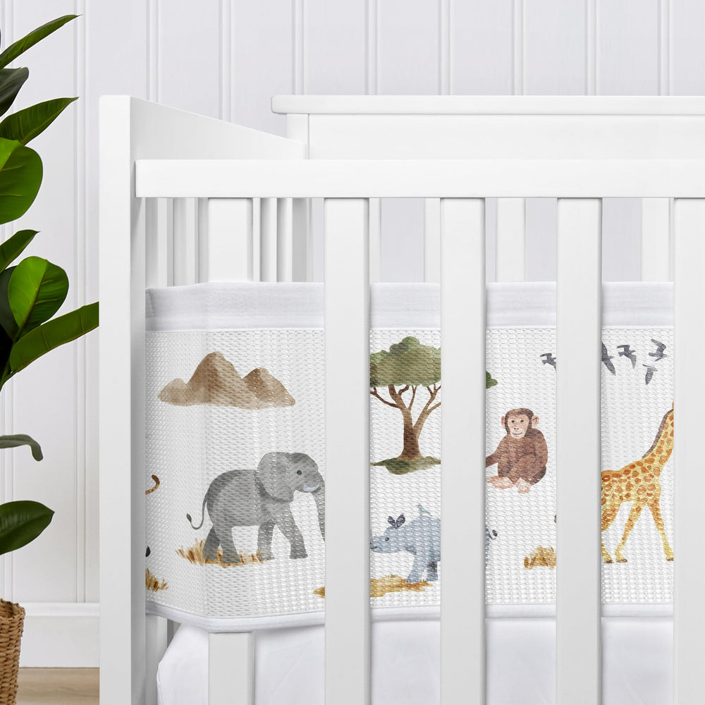 Sweet Jojo Designs breathable mesh crib liner featuring monkeys in safari print for safe sleep.