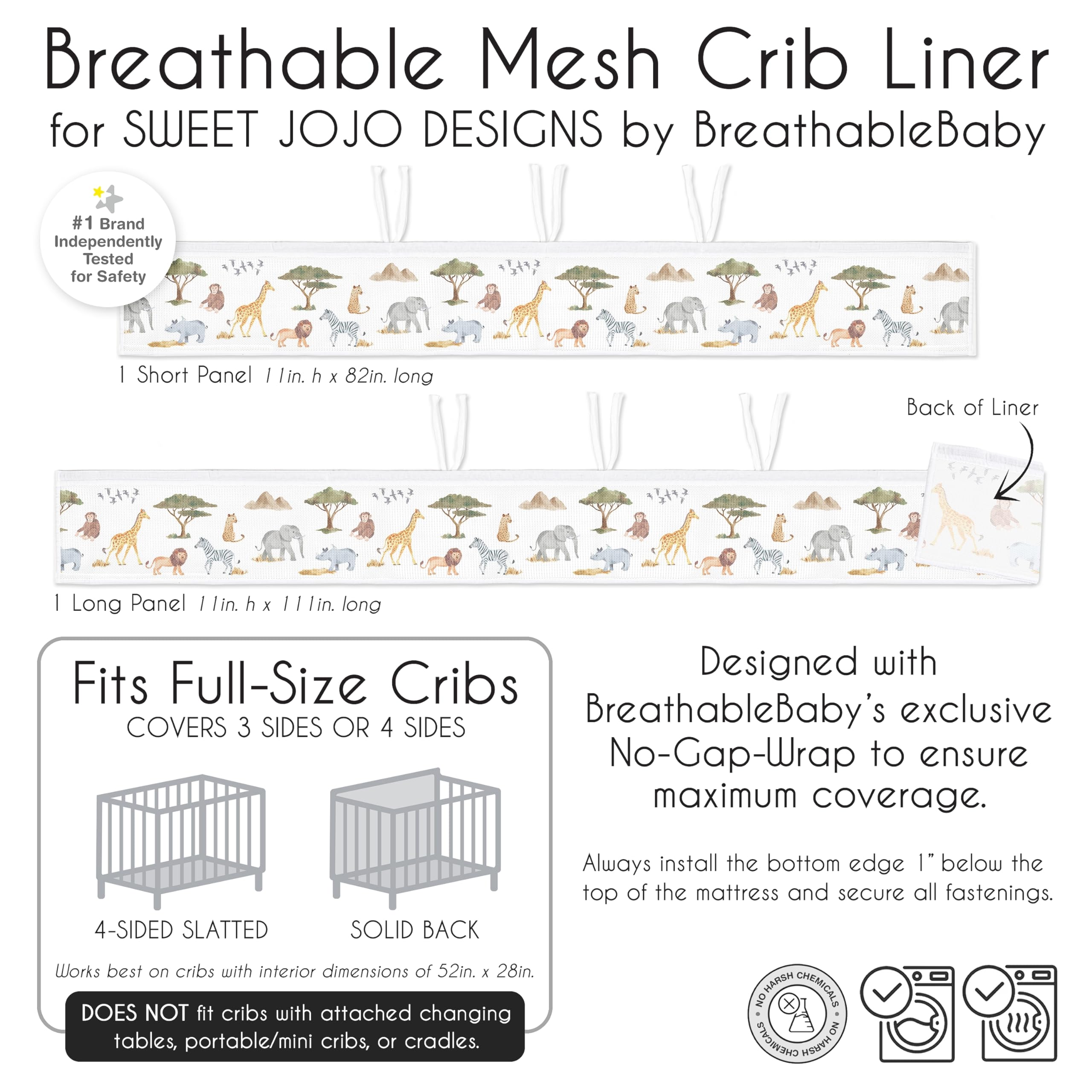 Sweet Jojo Designs breathable mesh crib liner in safari colors enhancing nursery decor and air flow.