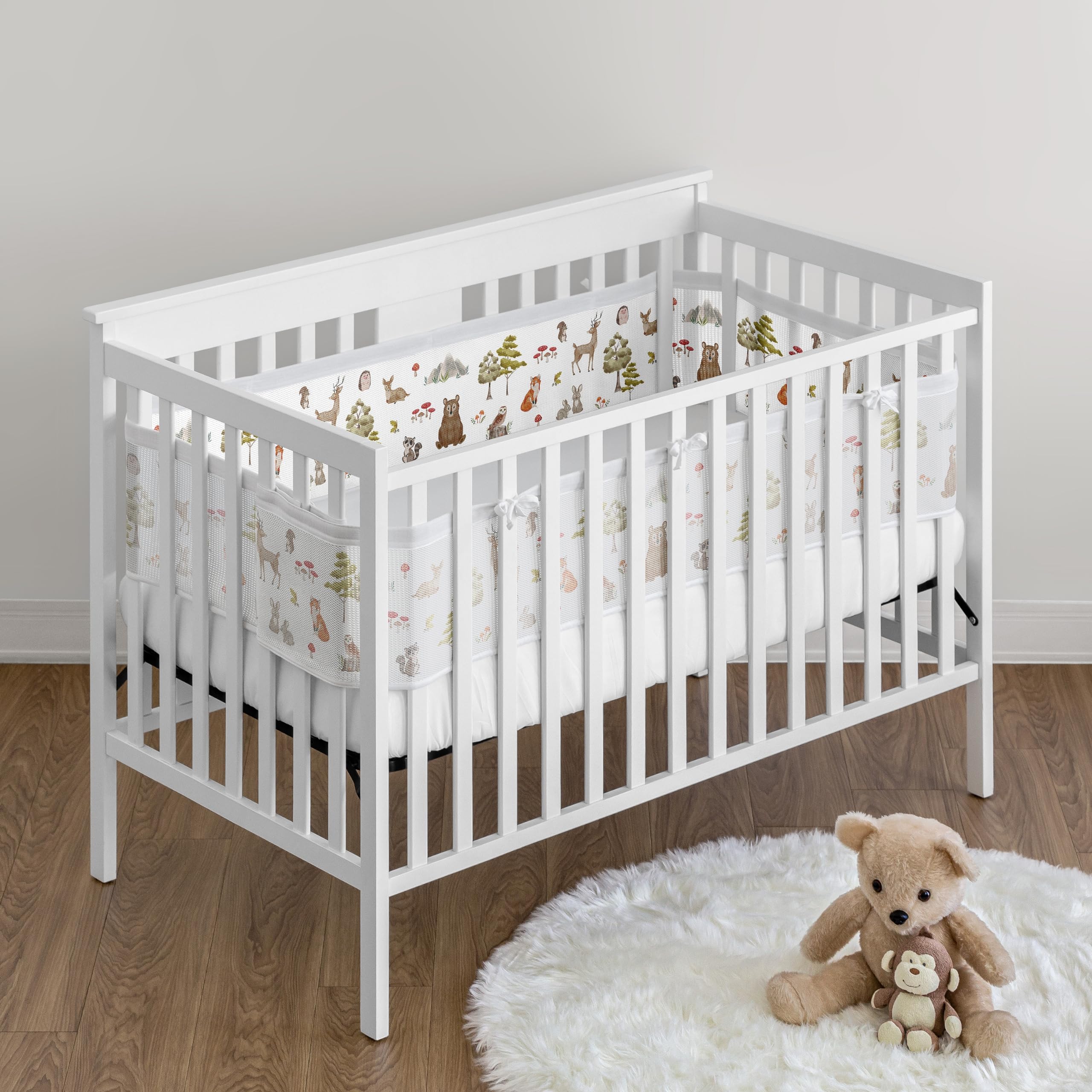 Sweet Jojo Designs breathable mesh crib liner with fox print for safe limb containment and airflow.
