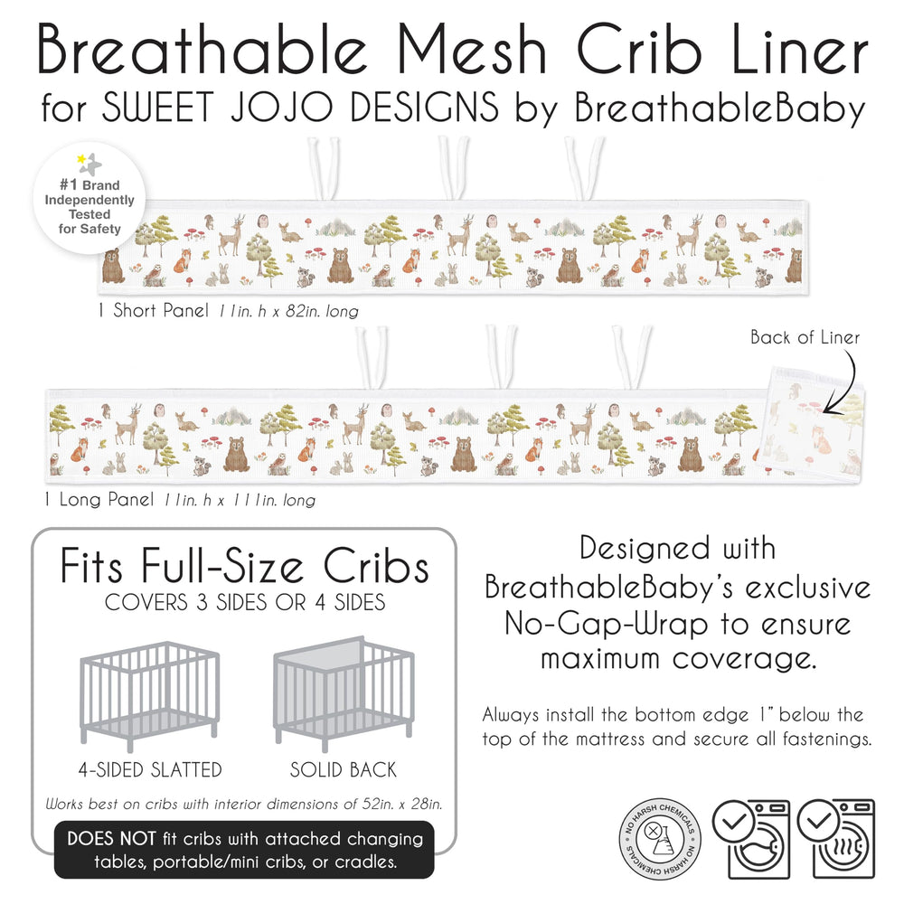 Sweet Jojo Designs watercolor woodland liner adds nursery ambience while maintaining breathable sleep space.
