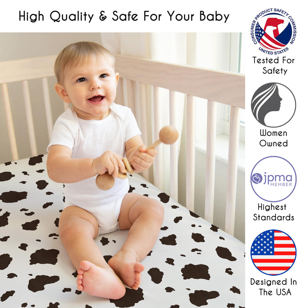Sweet Jojo Designs brushed microfiber crib sheet highlights durable elastic edge for secure hold.