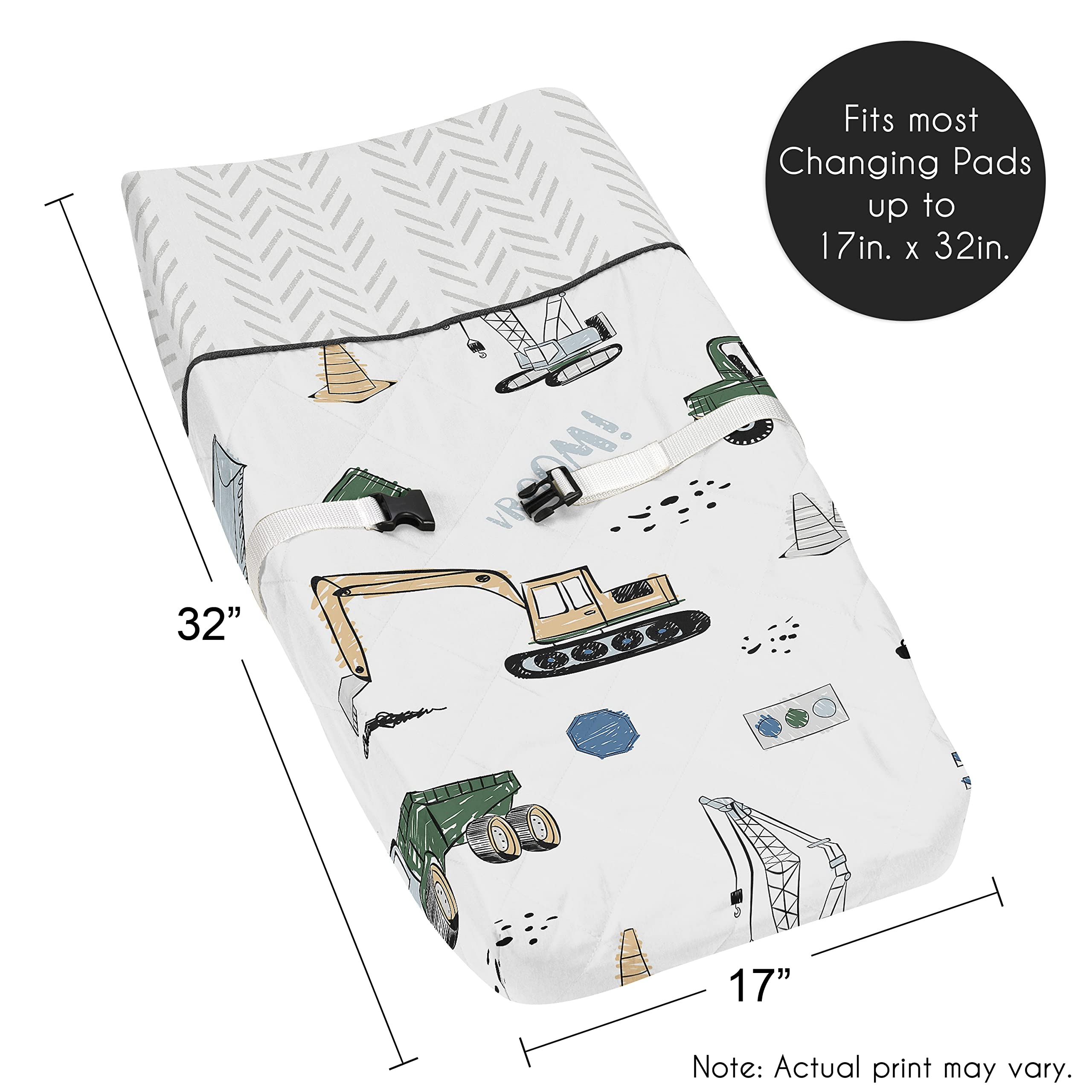 Sweet Jojo Designs grey-yellow-black-blue-green pad cover on a changing pad in use.