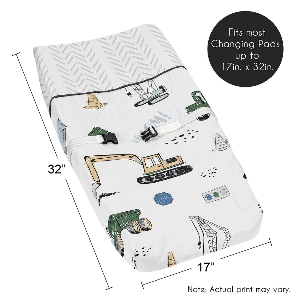 Sweet Jojo Designs grey-yellow-black-blue-green pad cover on a changing pad in use.