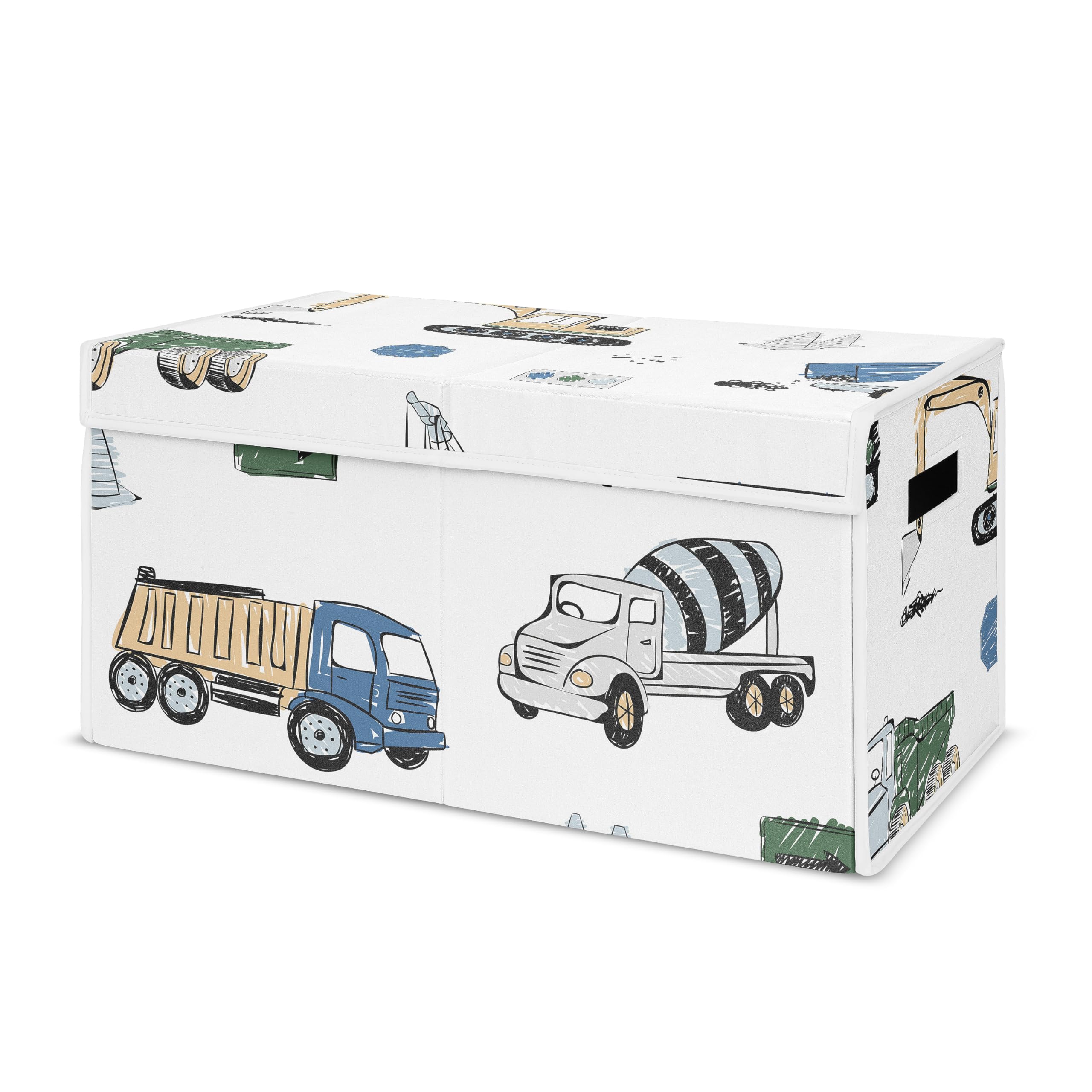Sweet Jojo Designs construction truck toy bin front view for tidy toy storage