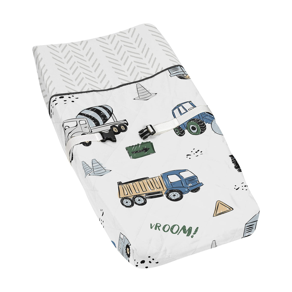 Sweet Jojo Designs Construction Truck pad cover close-up shows elastic edge for secure fit.