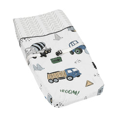 Sweet Jojo Designs Construction Truck pad cover close-up shows elastic edge for secure fit.