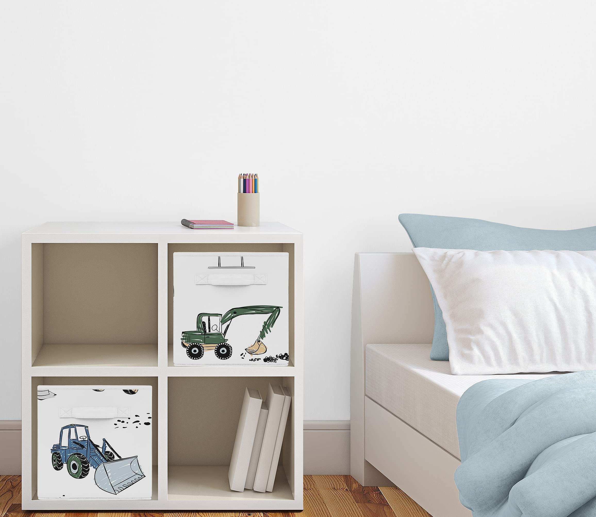 Sweet Jojo Designs construction truck foldable bin print blue-green-yellow for colorful toy storage.