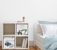 Sweet Jojo Designs construction truck foldable bin print blue-green-yellow for colorful toy storage.