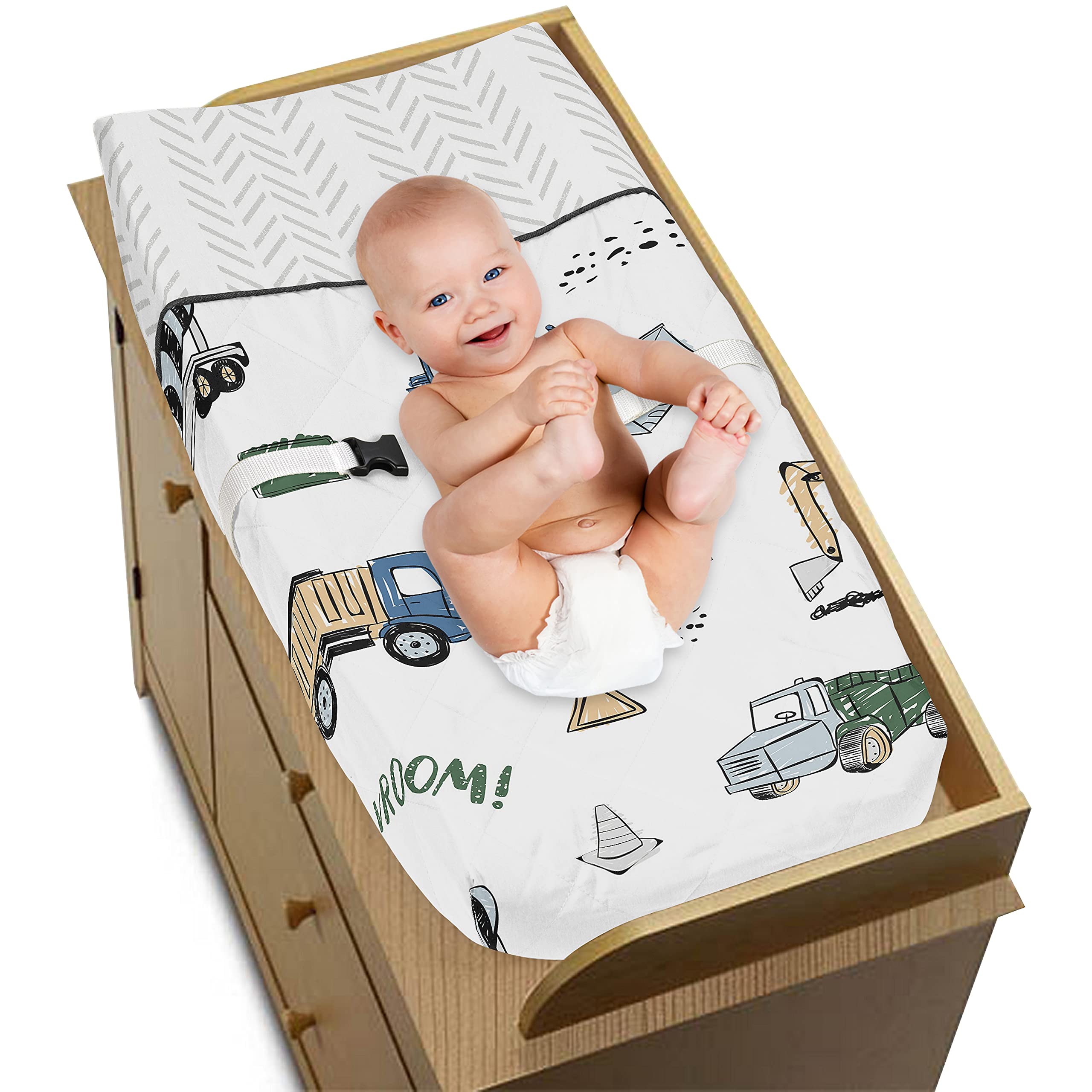 Sweet Jojo Designs construction truck pattern on a chevron-arrow changing pad cover.