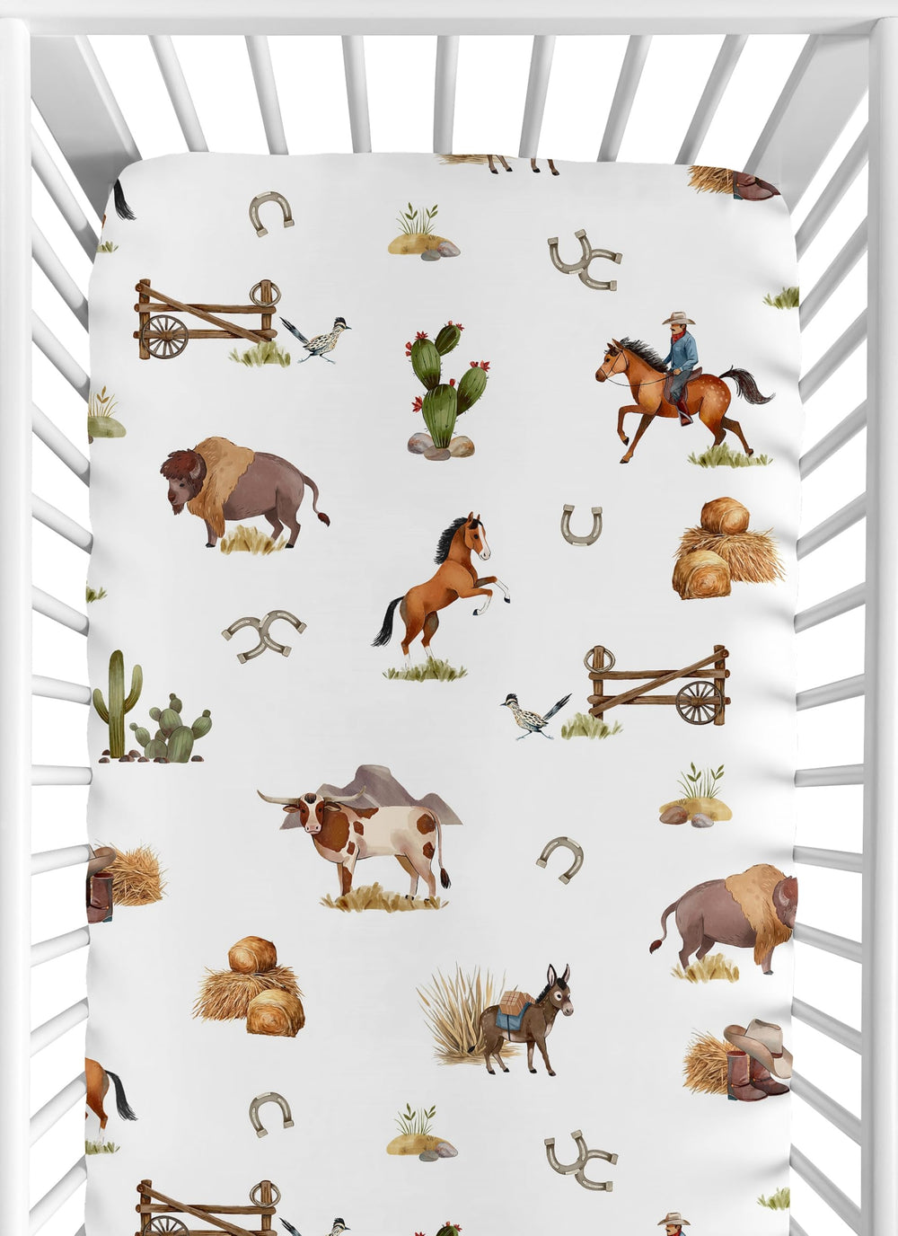 Sweet Jojo Designs cow-print crib sheet closeup highlights soft microfiber fabric.