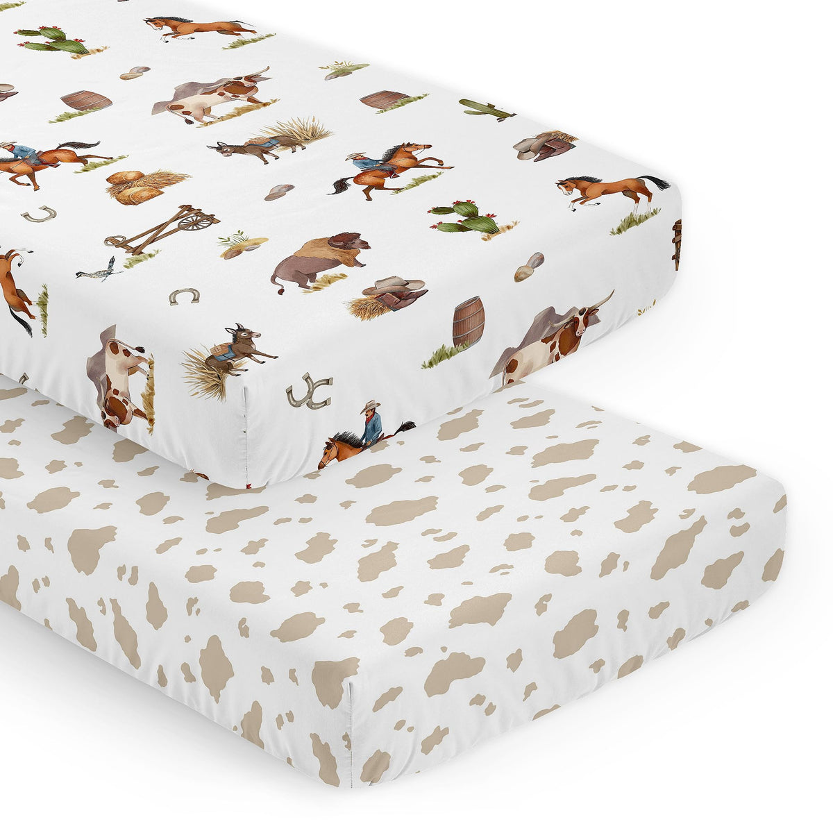 Sweet Jojo Designs cow-print crib sheet front view shows snug, secure fit.
