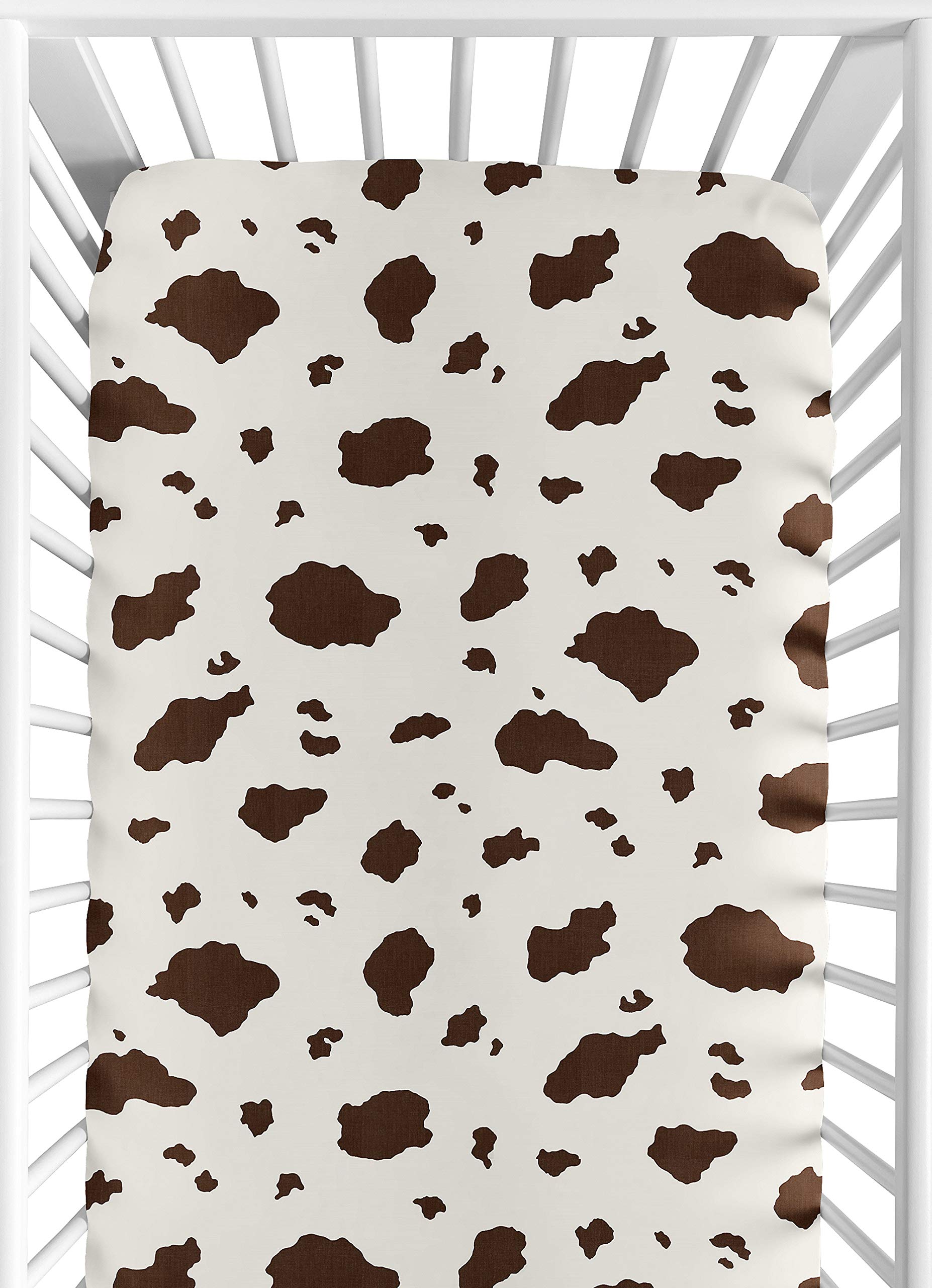 Sweet Jojo Designs cow print fitted crib sheet closeup in soft brushed microfiber.