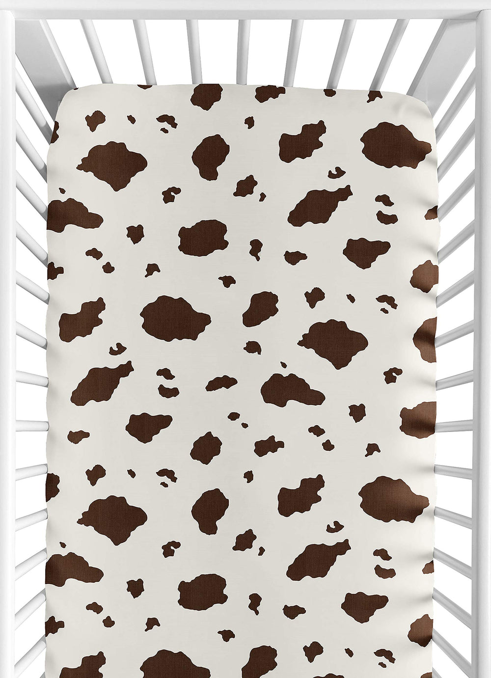 Sweet Jojo Designs cow print fitted crib sheet closeup in soft brushed microfiber.