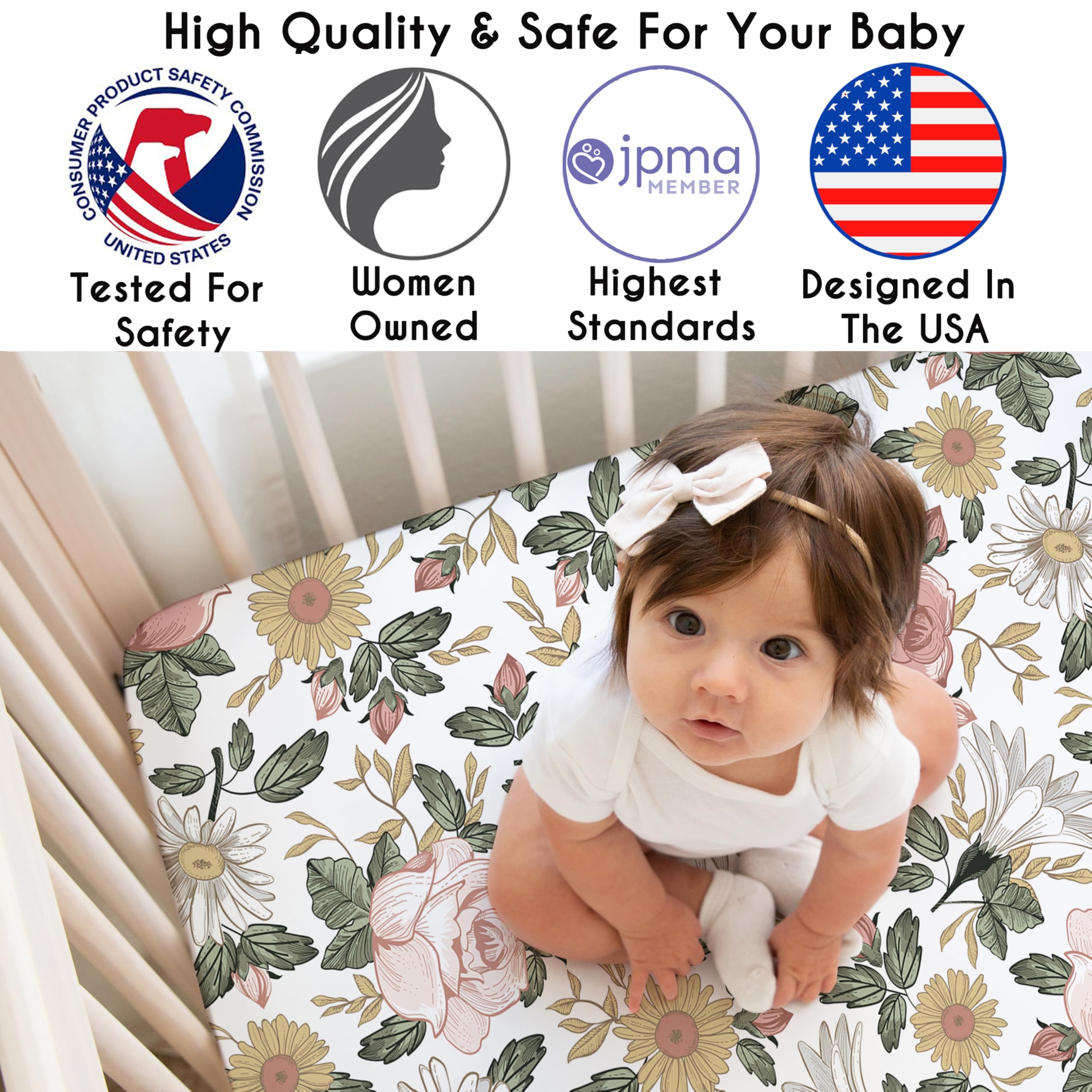 Sweet Jojo Designs crib sheet with elastic edge for secure fit.