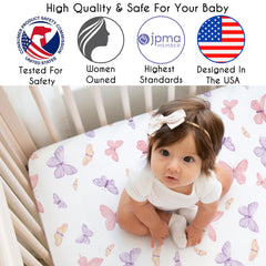 Sweet Jojo Designs fitted sheet with mini butterfly print fits standard cribs securely