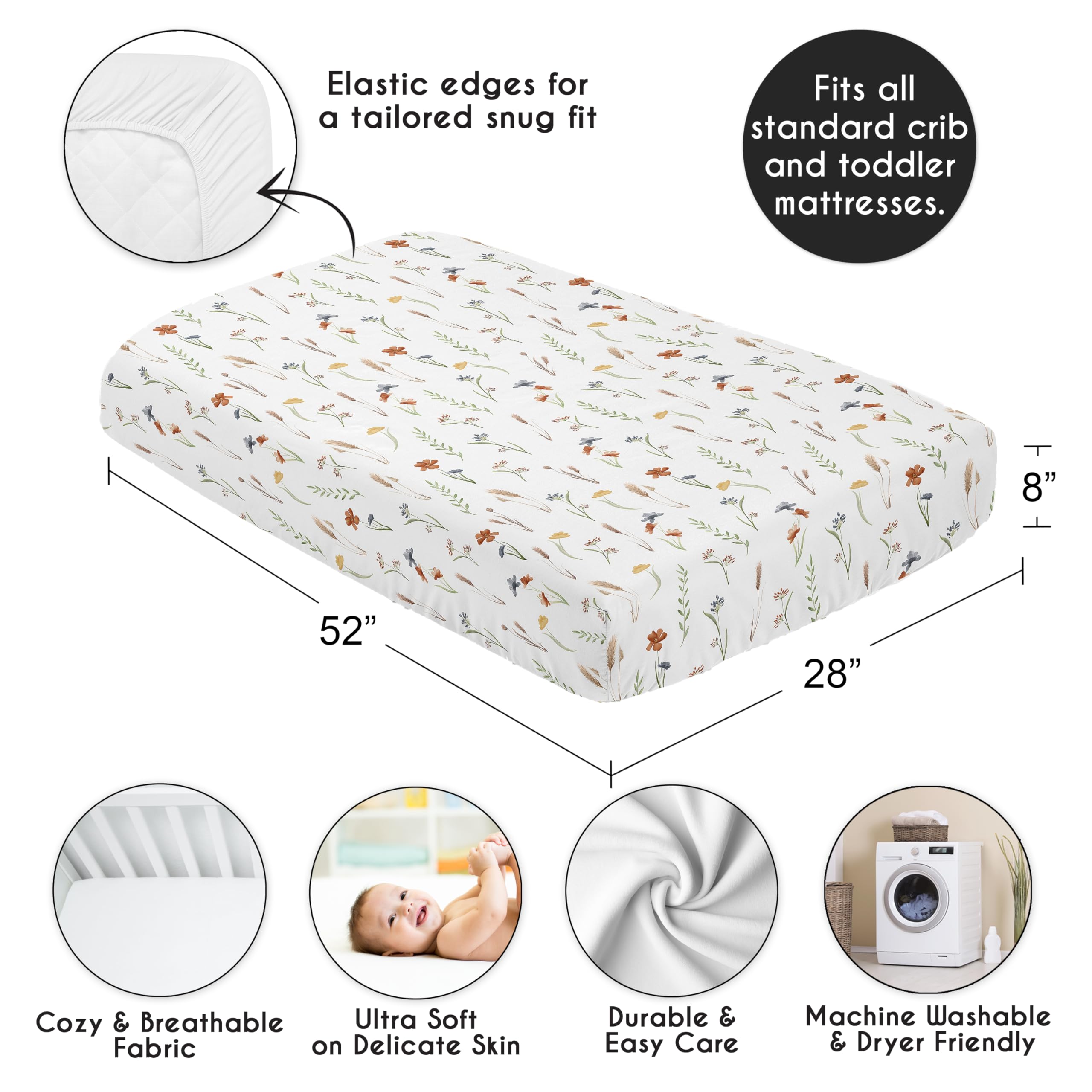 Sweet Jojo Designs snug-fit elastic edge helps prevent shifting on standard cribs