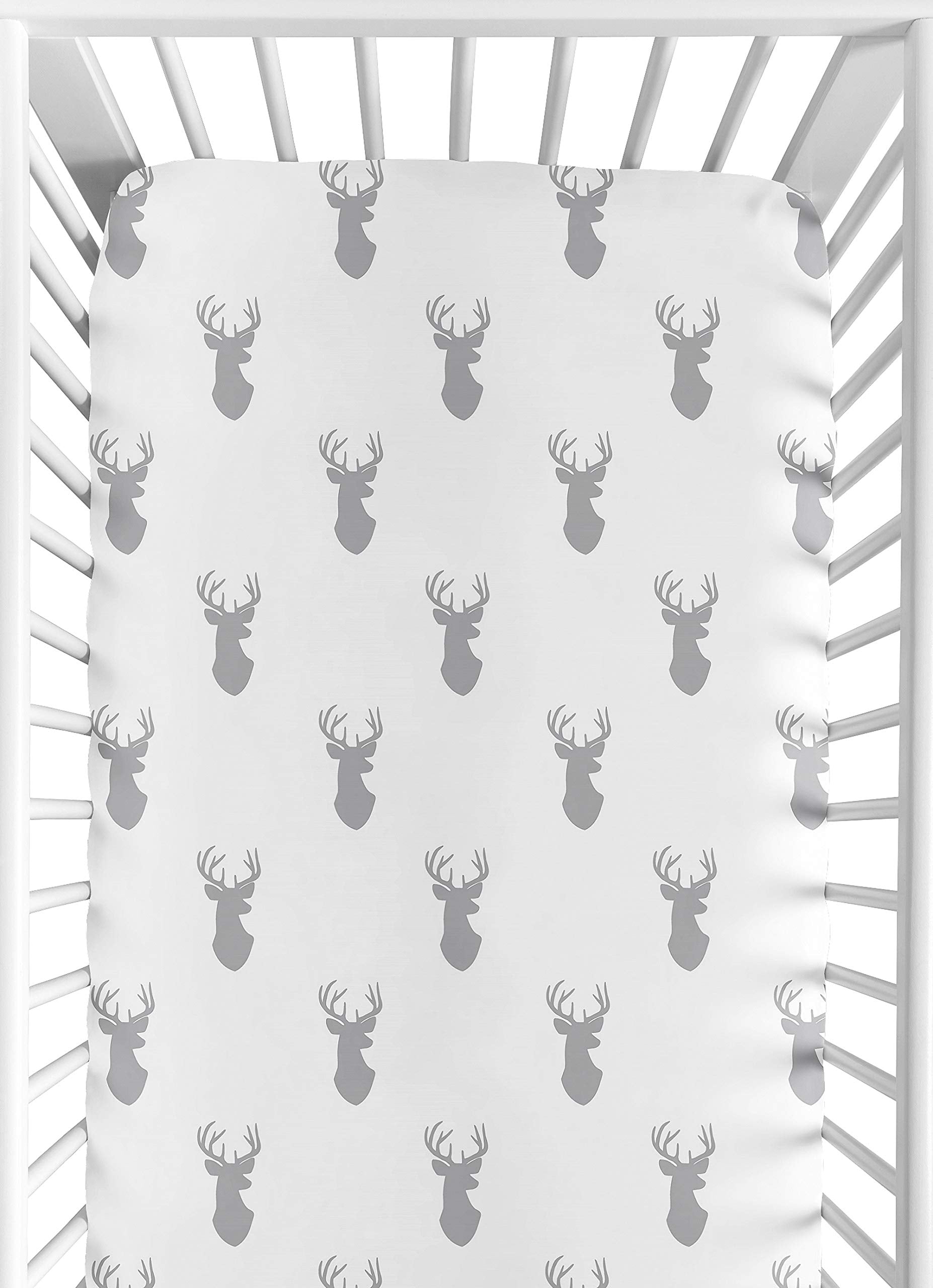 Sweet Jojo Designs woodland deer grey crib sheet with snug fit for standard cribs.