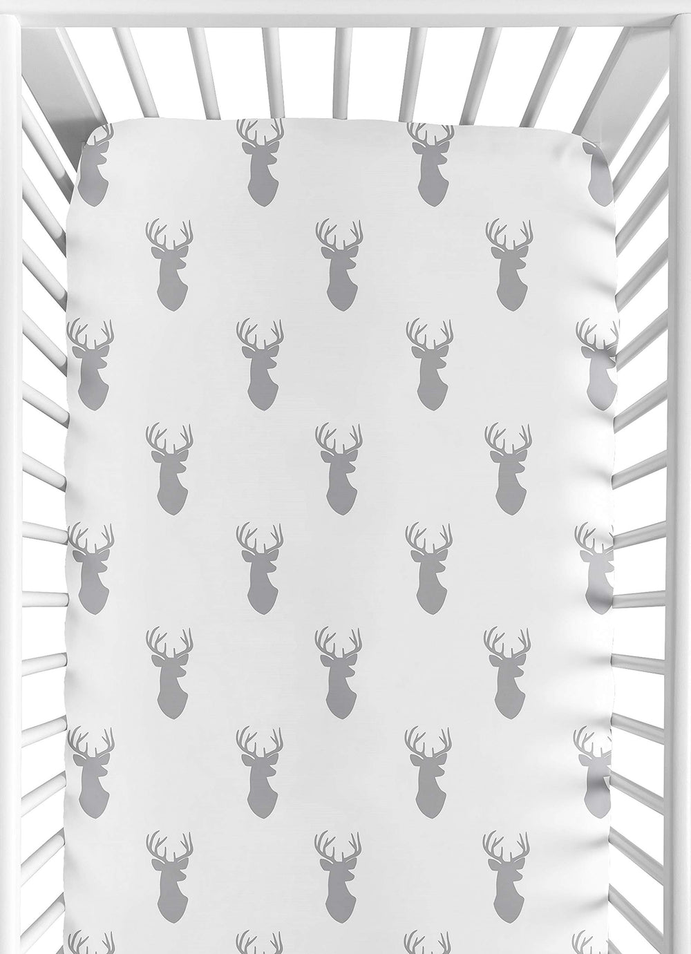 Sweet Jojo Designs woodland deer grey crib sheet with snug fit for standard cribs.