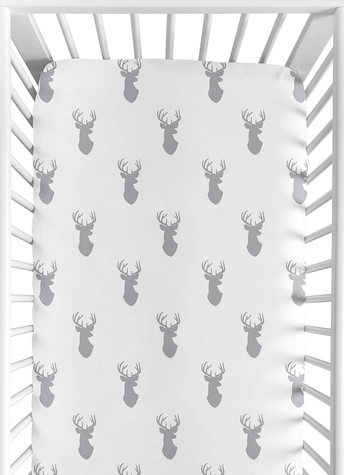 Sweet Jojo Designs woodland deer grey crib sheet with snug fit for standard cribs.