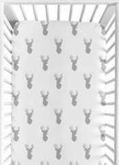 Sweet Jojo Designs woodland deer grey crib sheet with snug fit for standard cribs.