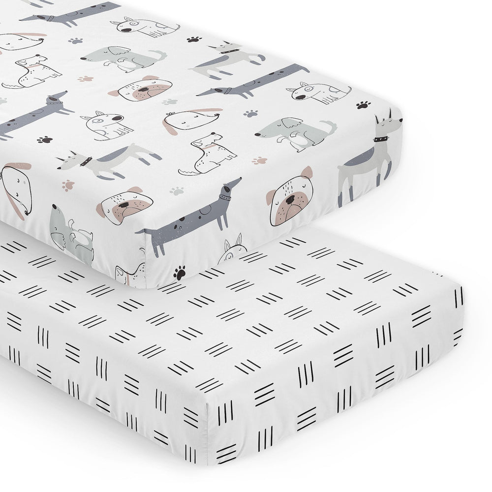 Sweet Jojo Designs crib sheets Puppy Dogs 2-Piece Set hero with playful prints for a soothing nursery.