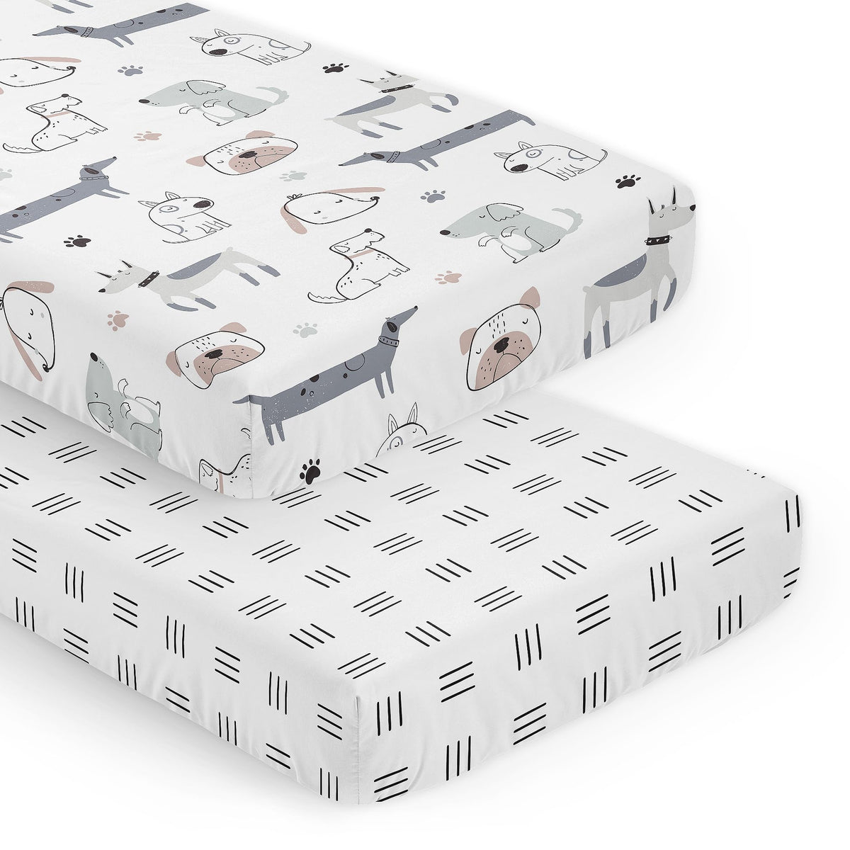 Sweet Jojo Designs crib sheets Puppy Dogs 2-Piece Set hero with playful prints for a soothing nursery.