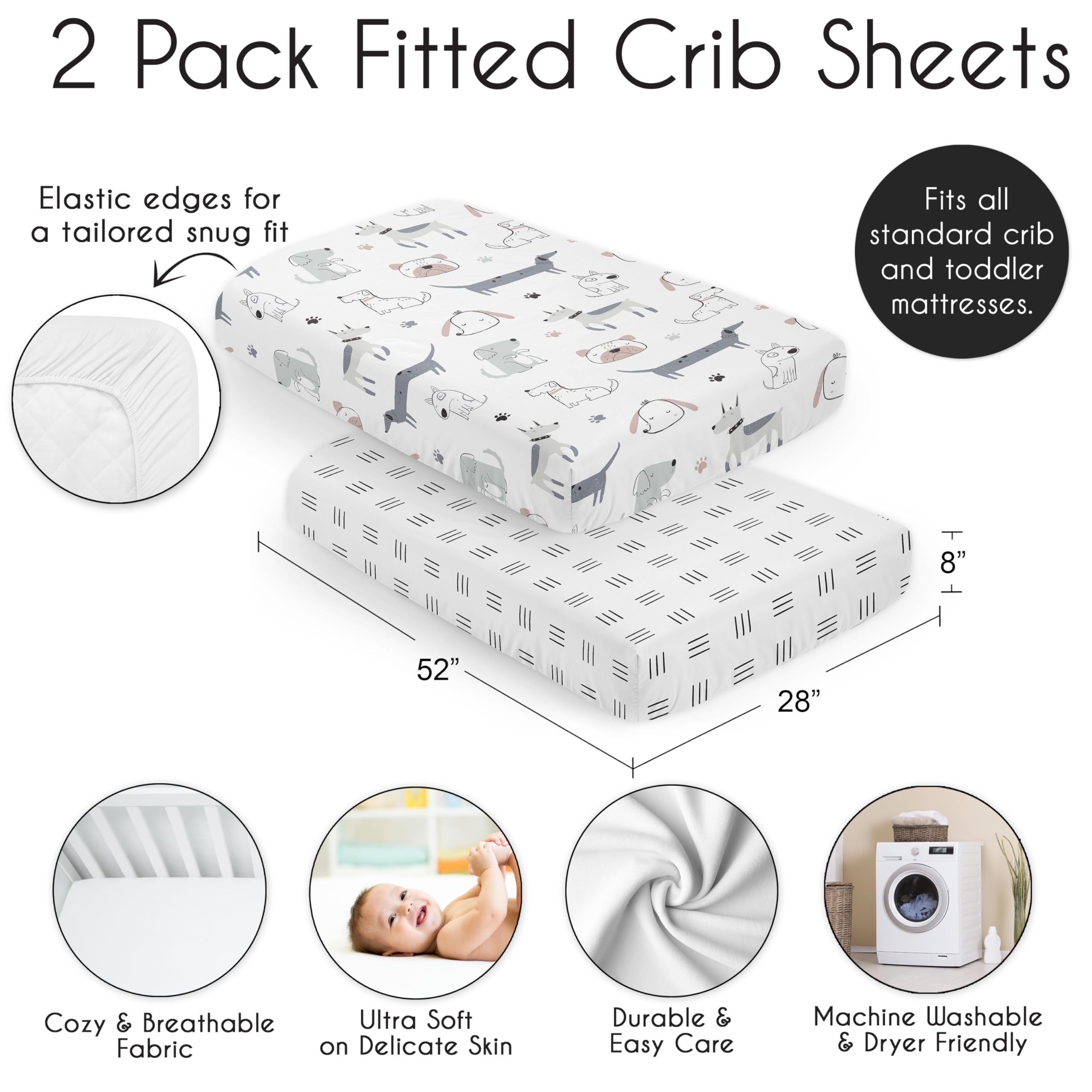 Sweet Jojo Designs crib sheet with full-edge elastic for snug fit and reduced shifting.