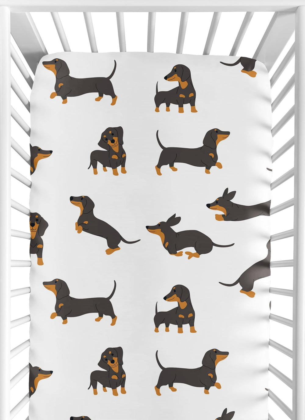 Sweet Jojo Designs dachshund-printed crib sheet on a standard crib for soothing naps