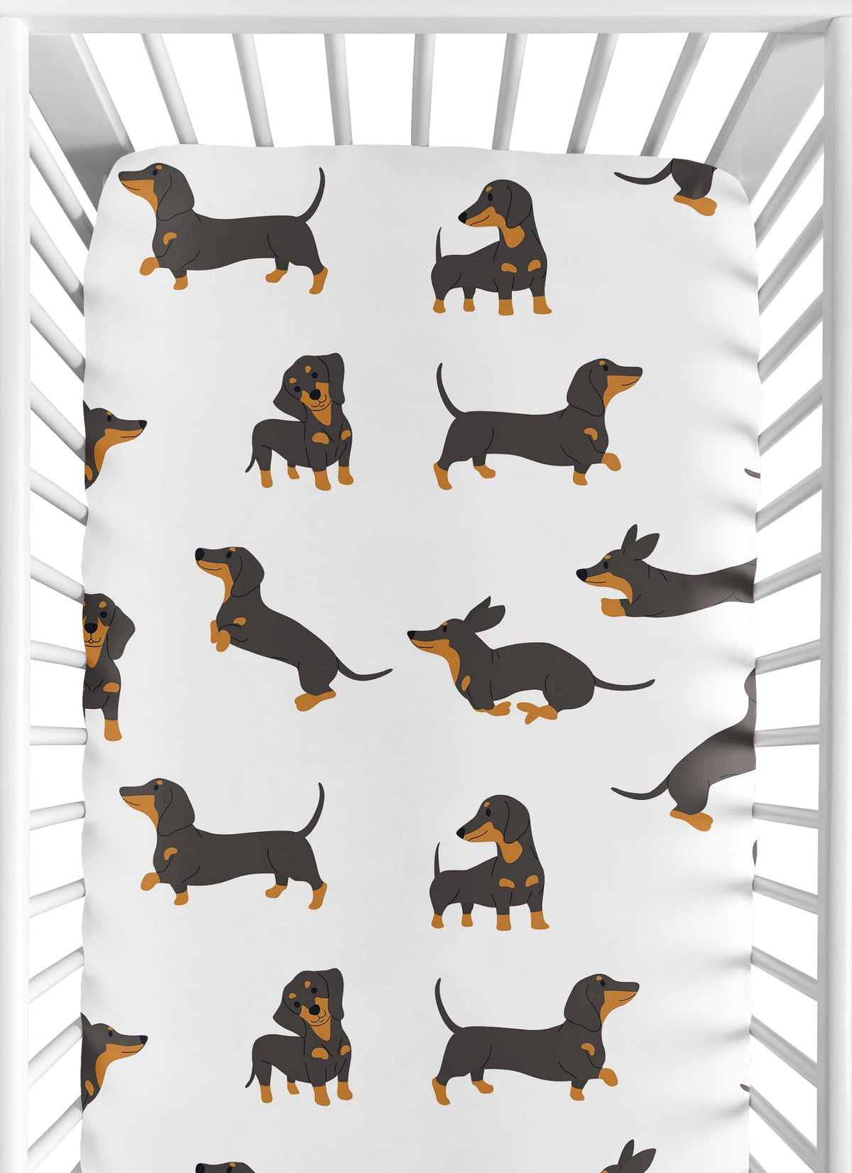 Sweet Jojo Designs dachshund-printed crib sheet on a standard crib for soothing naps