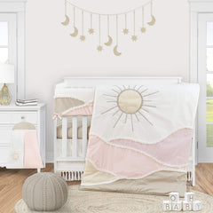 Sweet Jojo Designs ivory macrame fringe crib skirt highlights tassels and adds texture for cozy nursery ambiance.