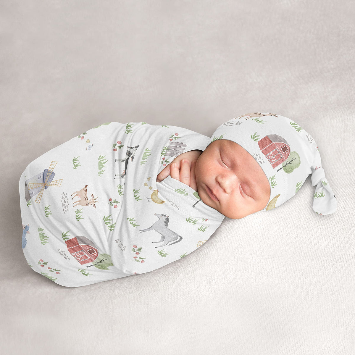 Sweet Jojo Designs farm animals cocoon sleep sack closeup shows soft watercolor print for newborn comfort