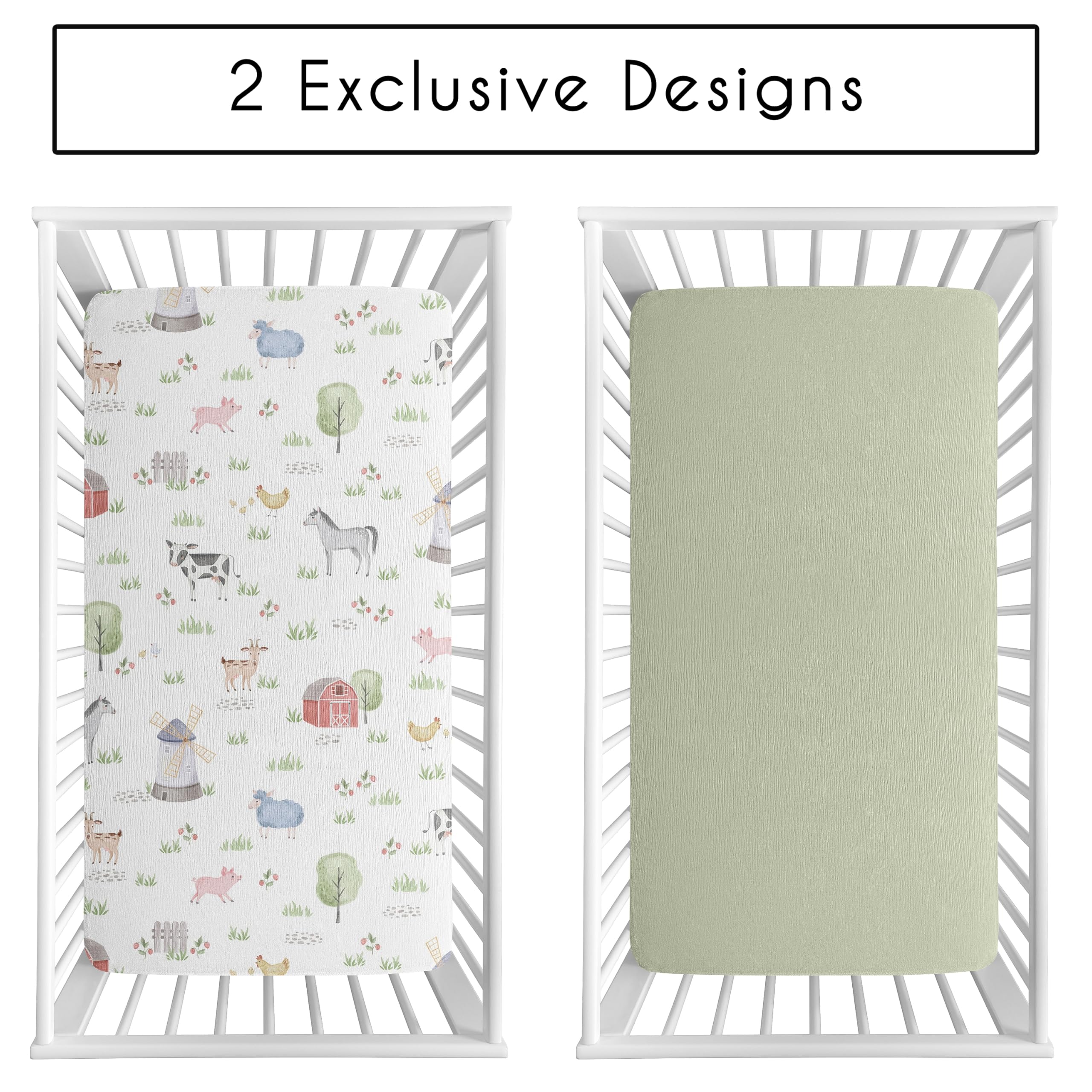 Close-up of farm animals print on Sweet Jojo Designs crib sheets for visual charm.