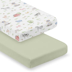 Sweet Jojo Designs farm animals crib sheets in sage offer breathable comfort.
