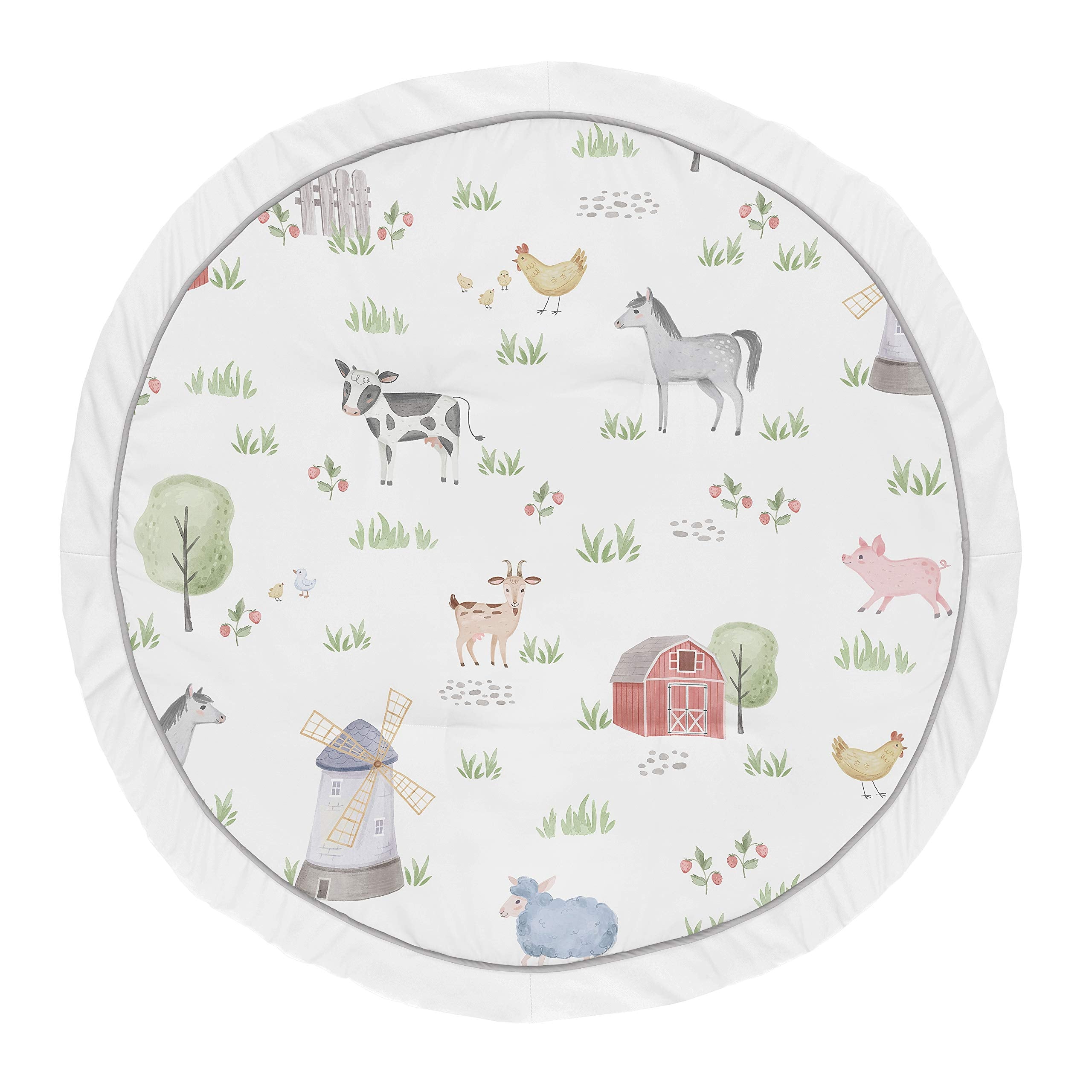 Sweet Jojo Designs Farm Animals Playmat is a 36-inch round surface for comfy tummy time