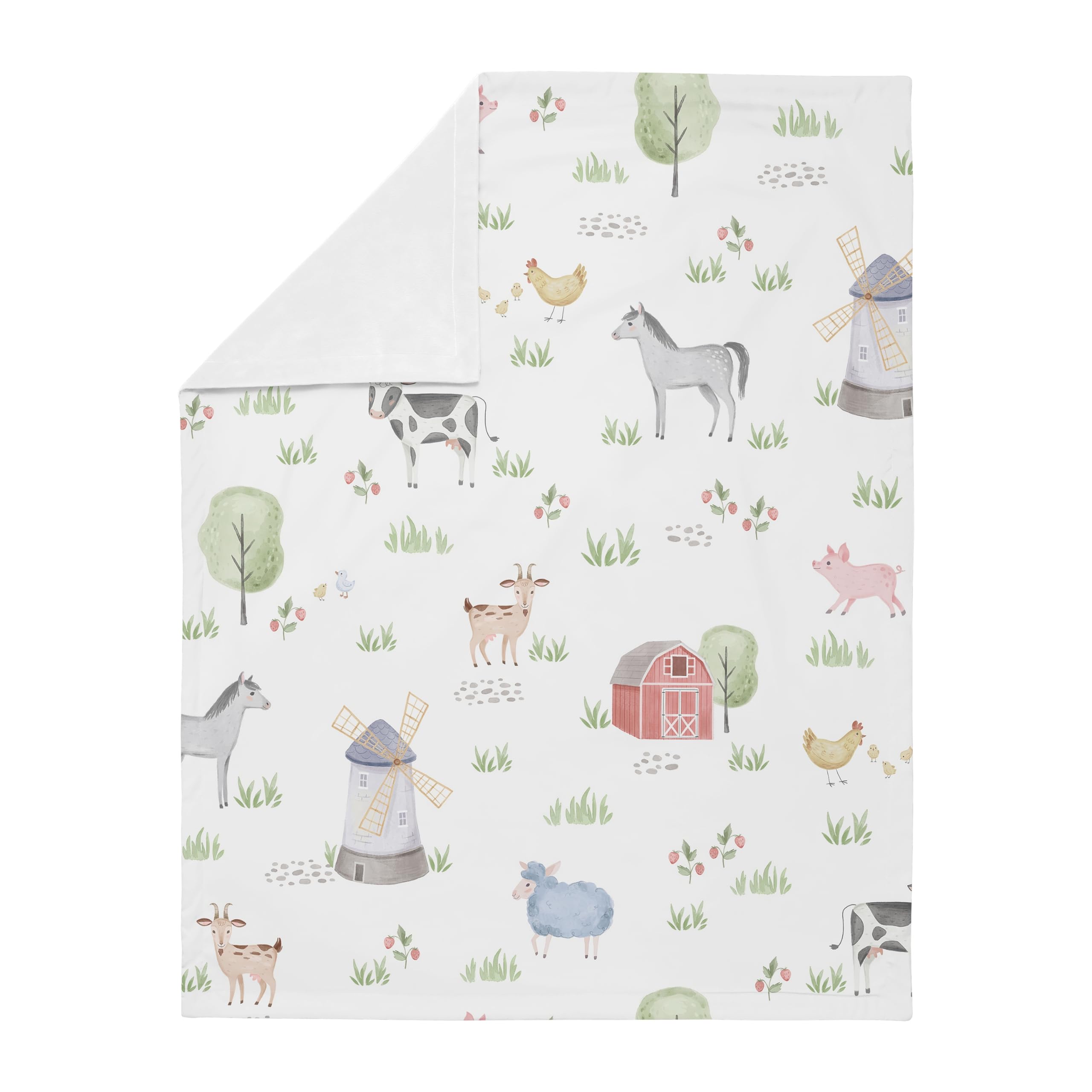 Sweet Jojo Designs farm animals swaddle blanket reverse minky provides plush cuddle surface.