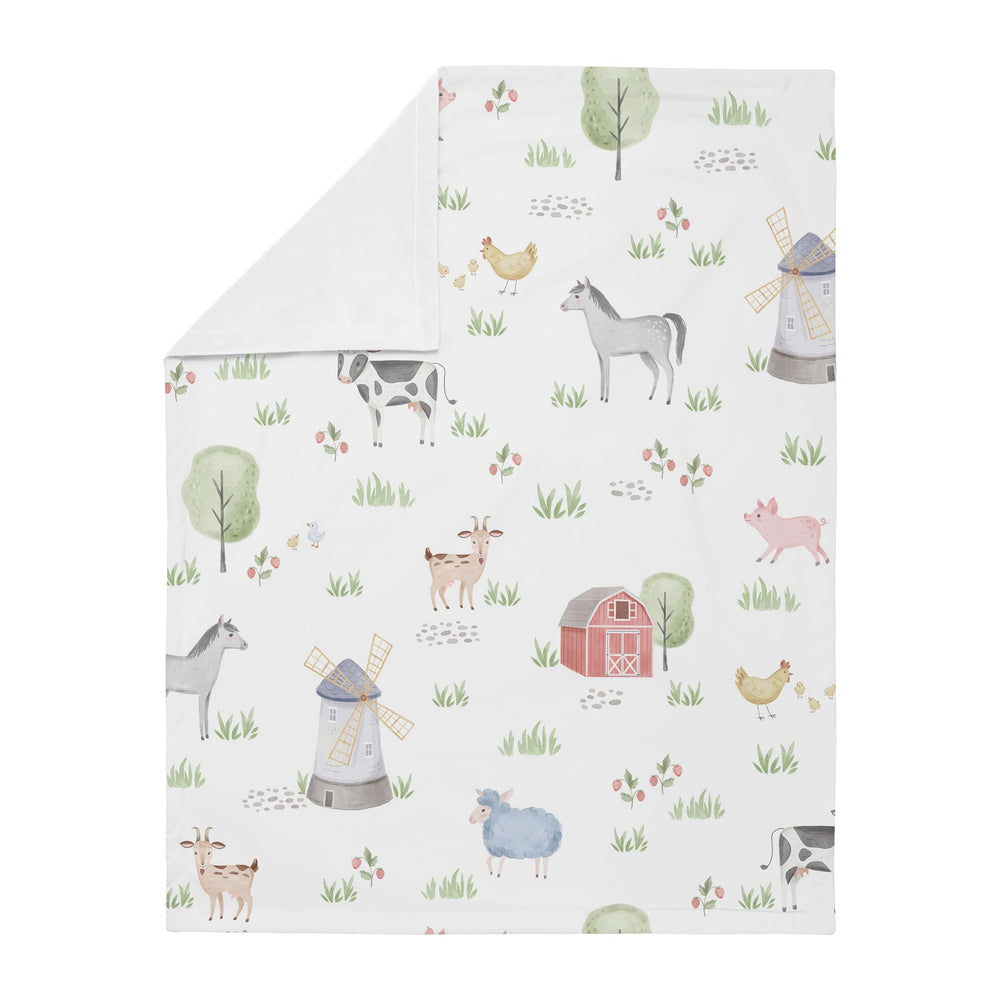 Sweet Jojo Designs farm animals swaddle blanket reverse minky provides plush cuddle surface.