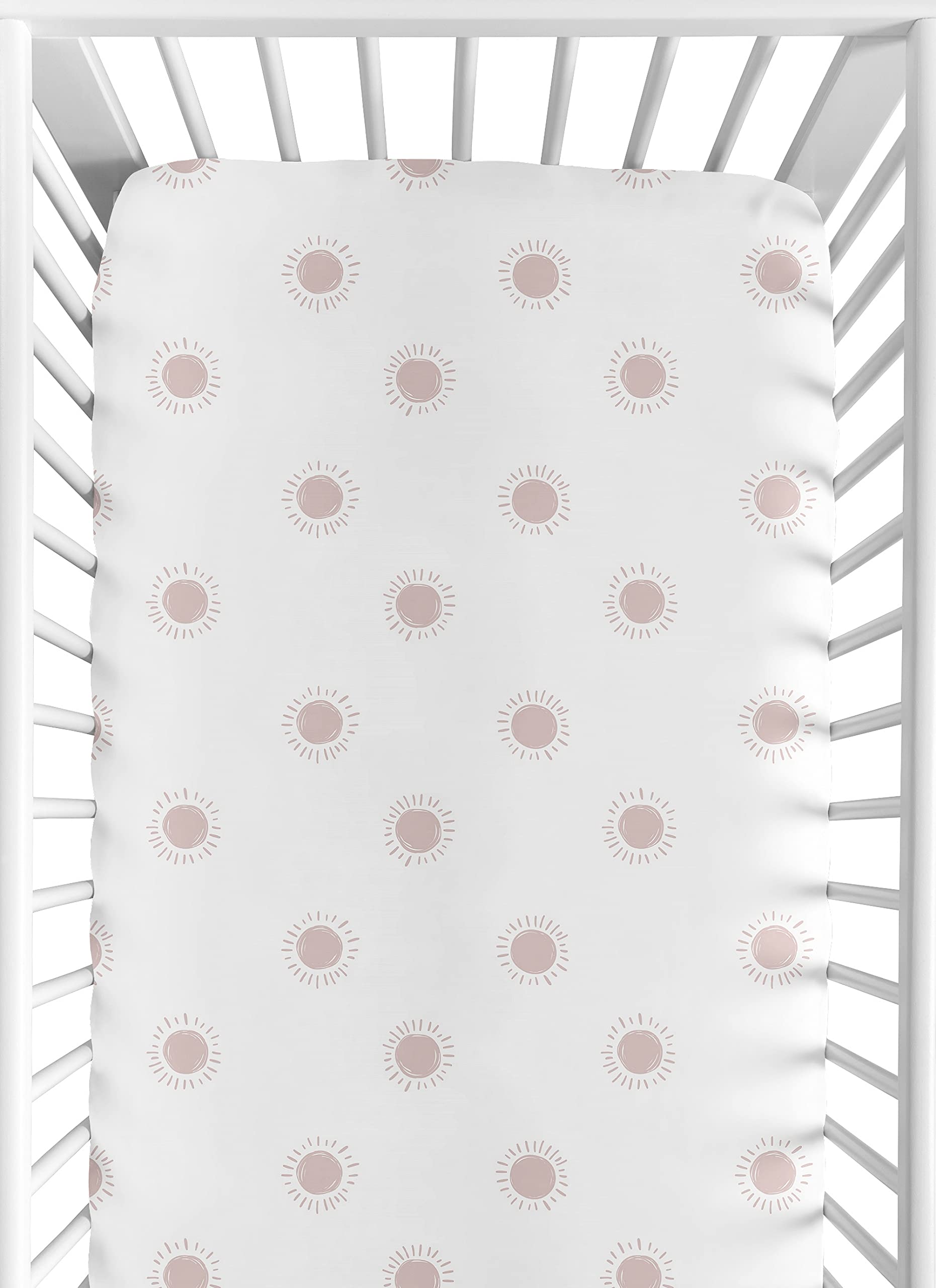 Sweet Jojo Designs fitted crib sheet boho sun pattern provides secure crib fit.