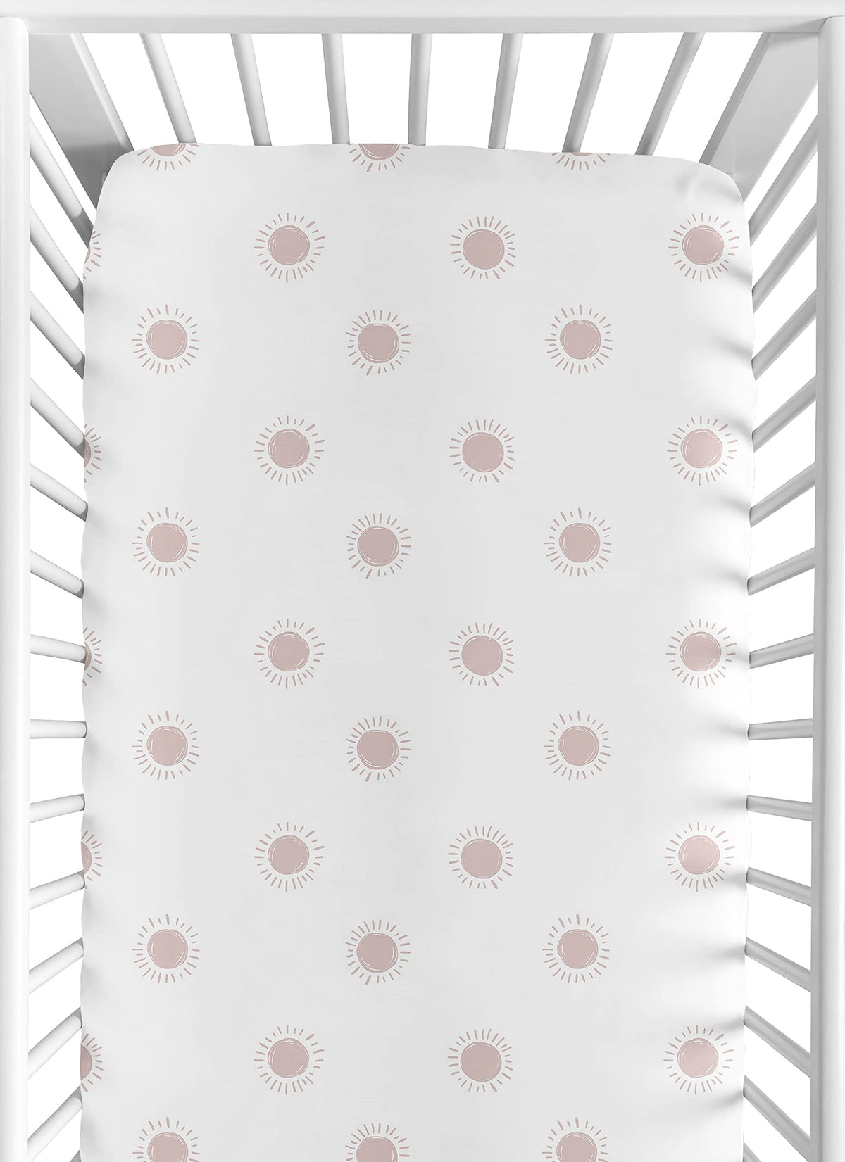 Sweet Jojo Designs fitted crib sheet boho sun pattern provides secure crib fit.