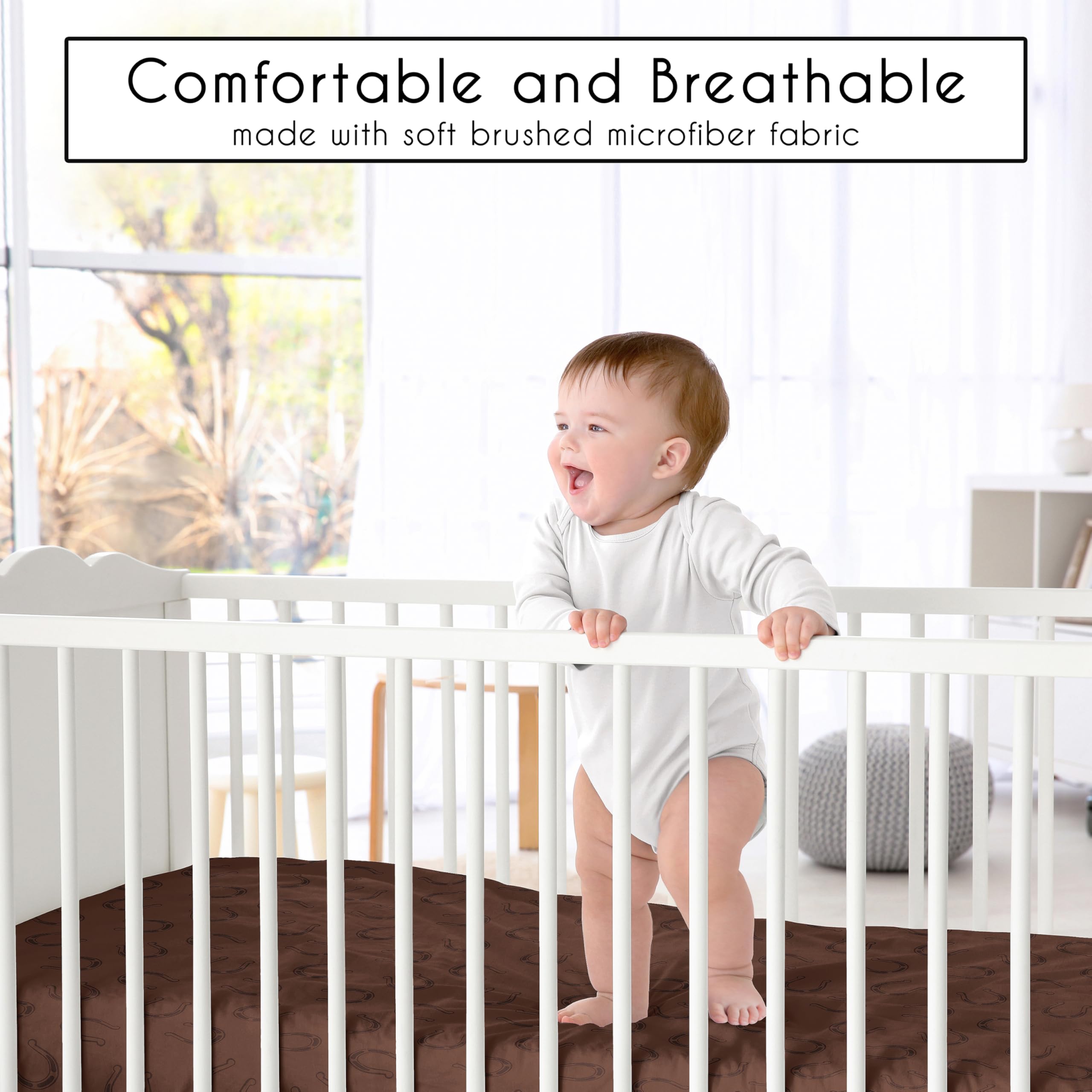 Sweet Jojo Designs brown horseshoe print crib sheet with full-edge elastic for a snug fit.