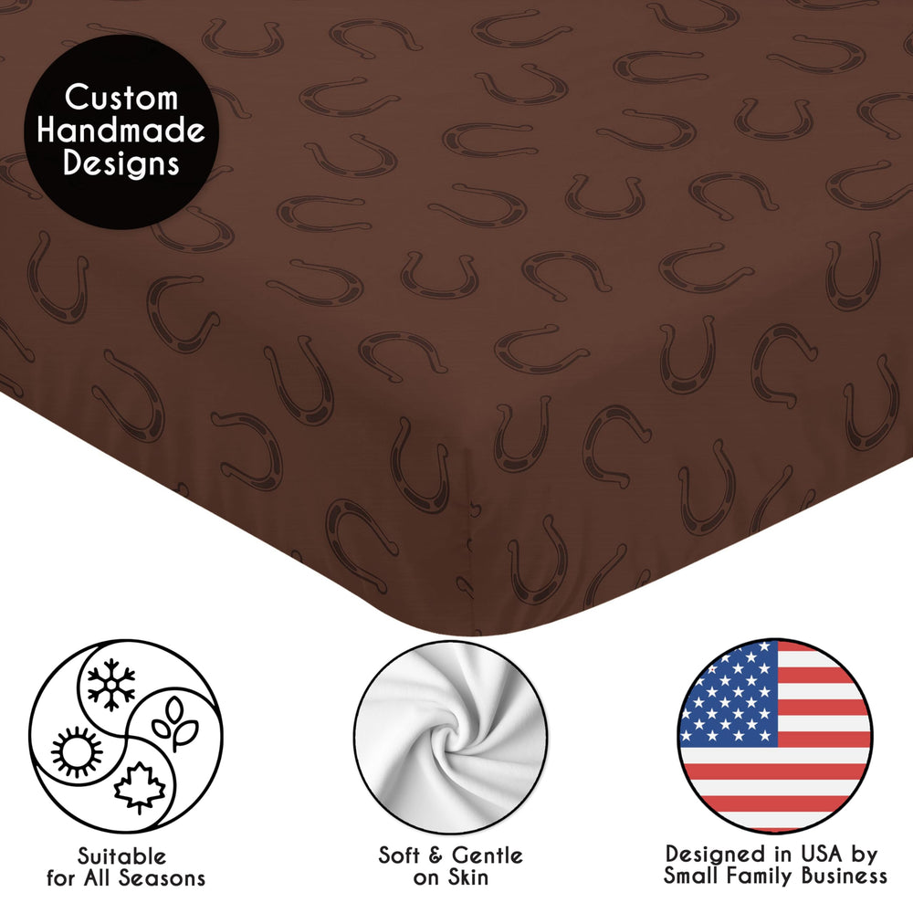 Sweet Jojo Designs western-themed horseshoe design coordinates with boys or girls nursery decor.