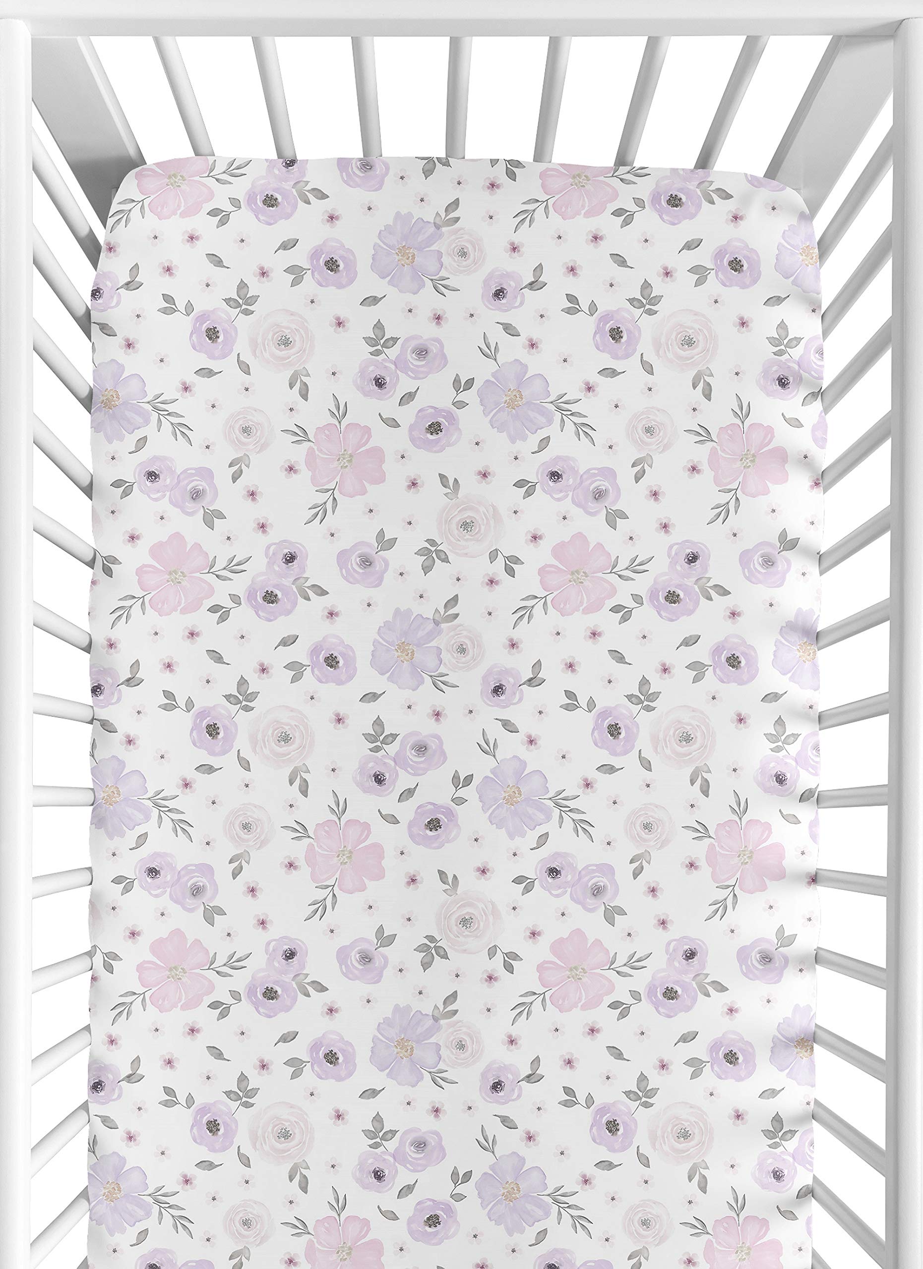 Sweet Jojo Designs fitted crib sheet in purple-grey boho floral for gentle sleep.