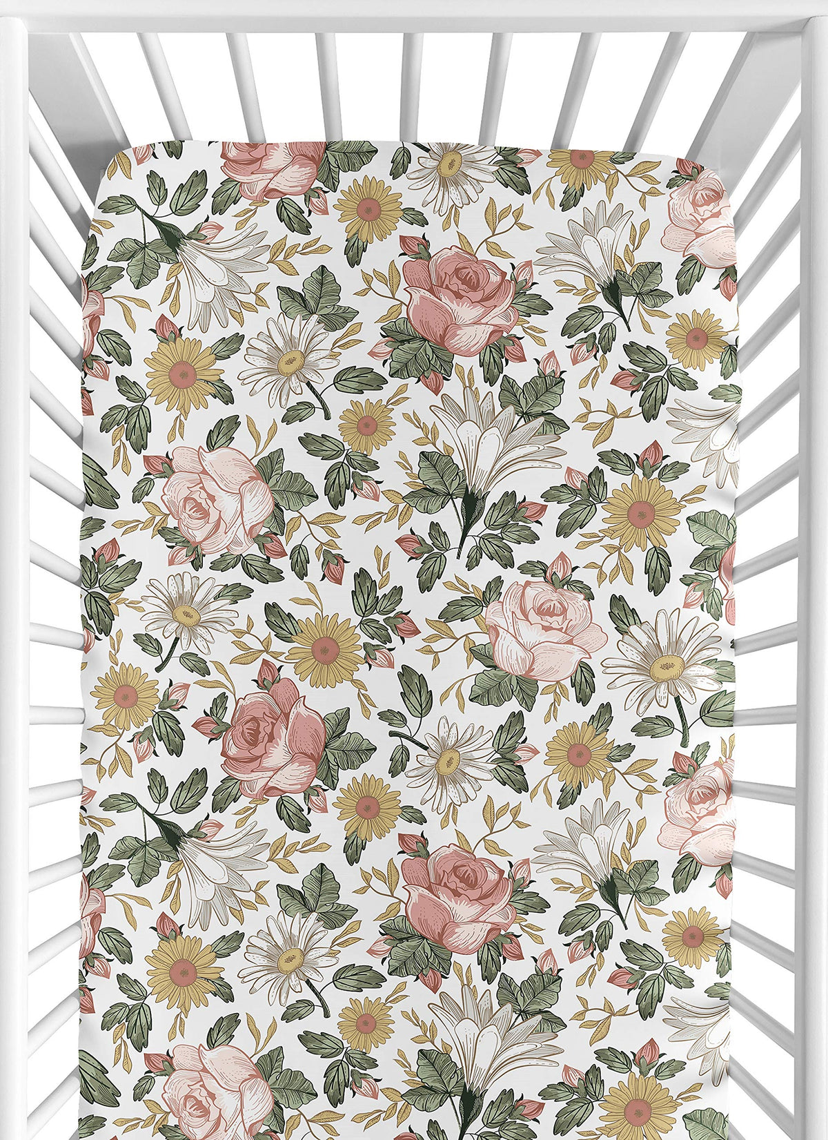 Sweet Jojo Designs fitted crib sheet in vintage boho floral blush pink for a cozy nursery.