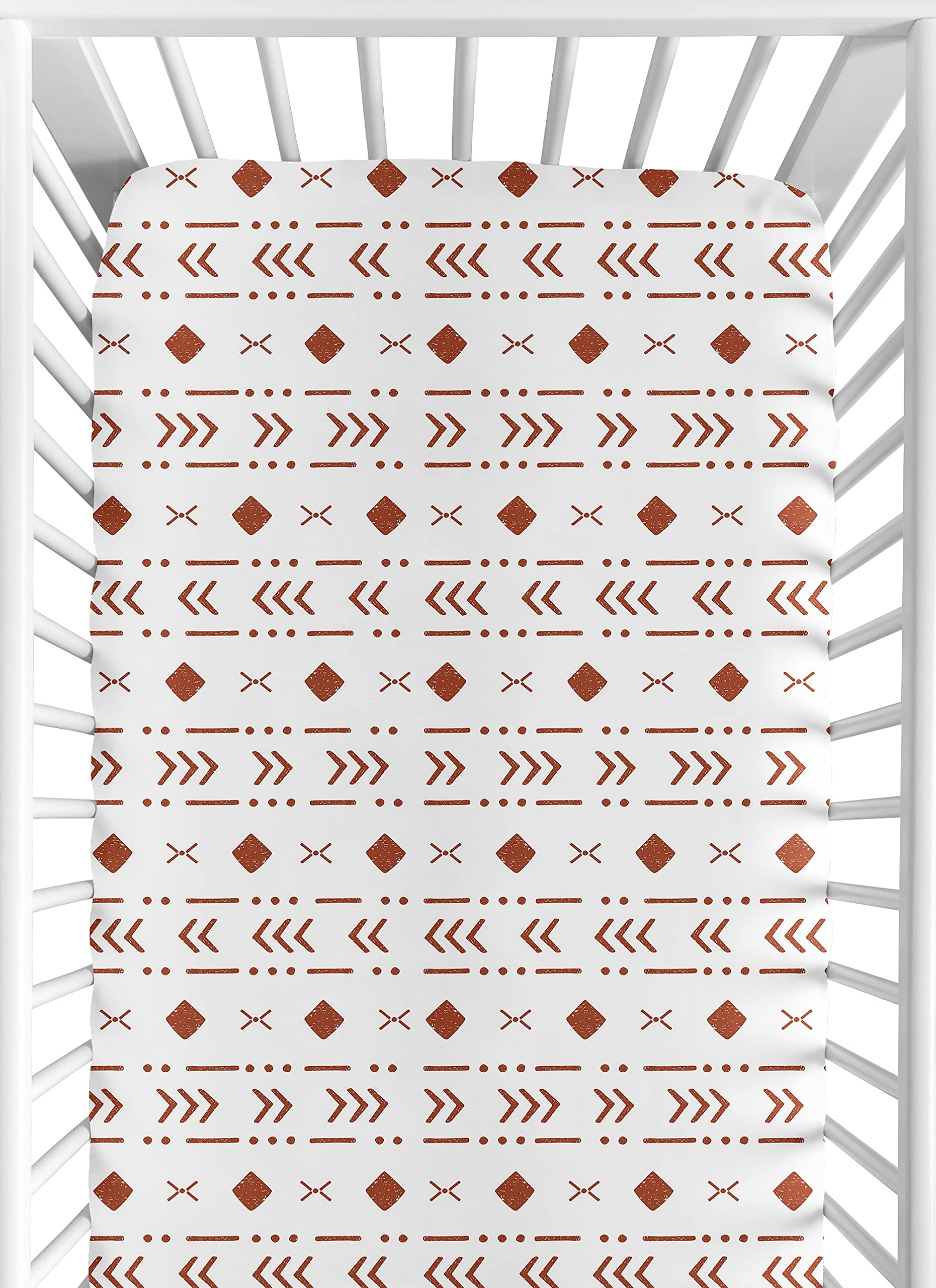 Sweet Jojo Designs fitted crib sheet white-orange woodland close-up showing snug, secure fit.