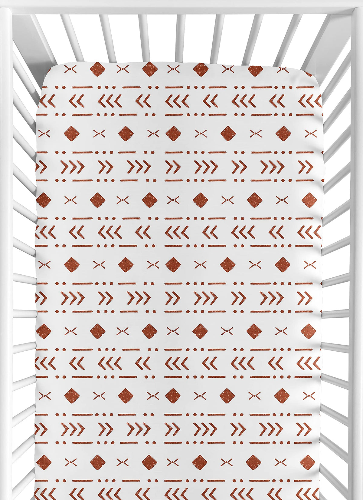 Sweet Jojo Designs fitted crib sheet white-orange woodland close-up showing snug, secure fit.