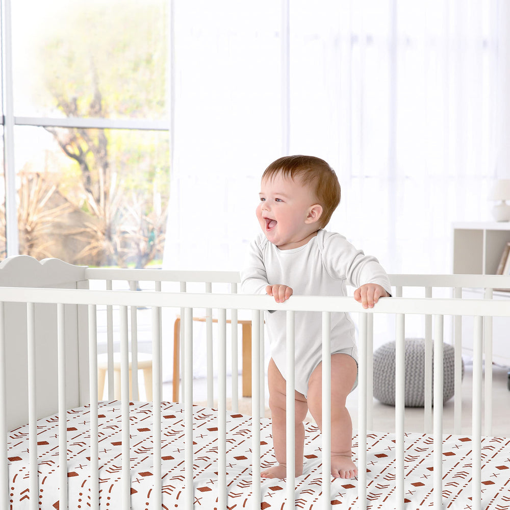 Sweet Jojo Designs boho mudcloth print close-up highlights stylish nursery styling and theme.