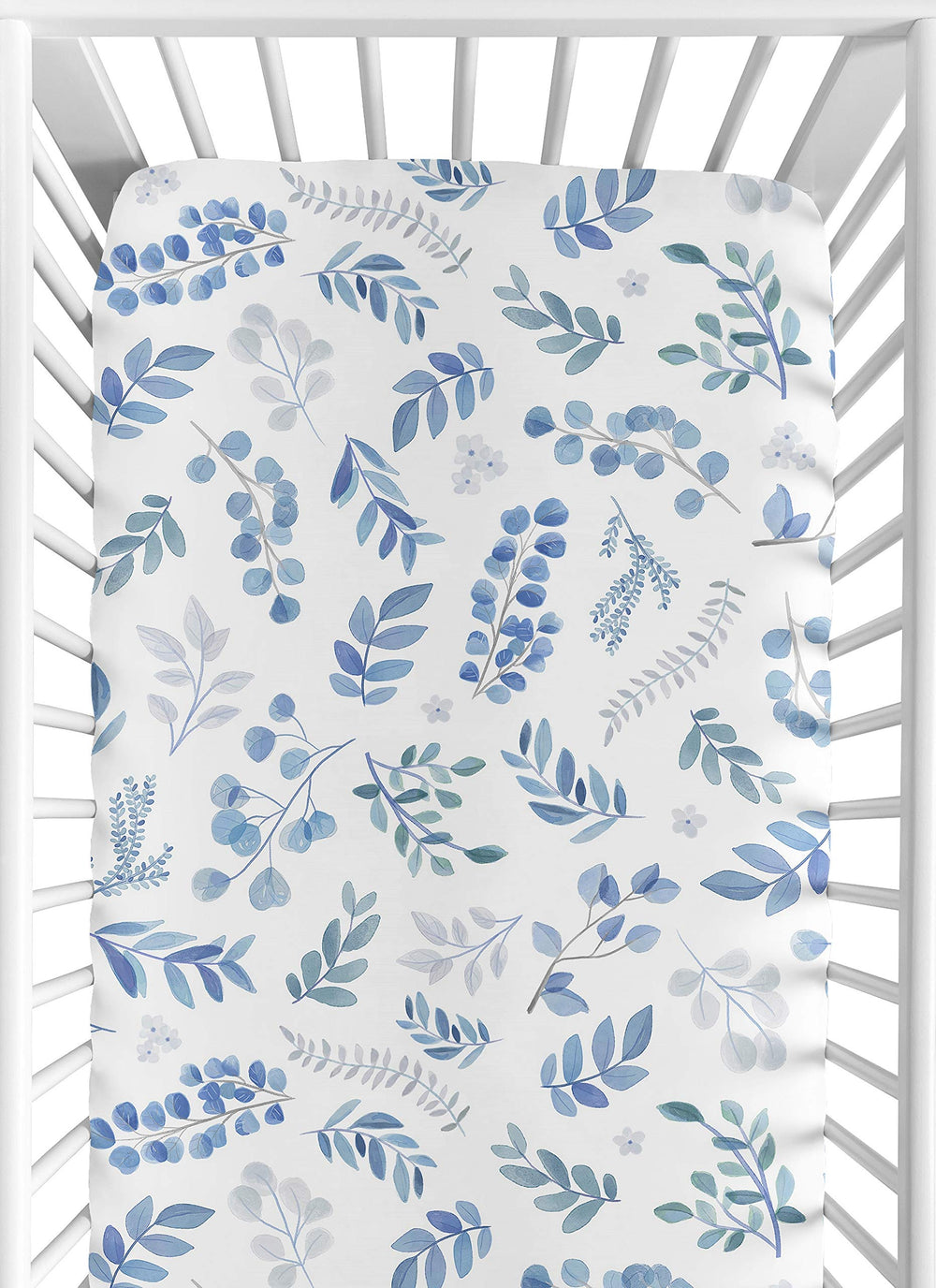 Sweet Jojo Designs floral leaf crib sheet in blue-gray offers soft, breathable comfort.